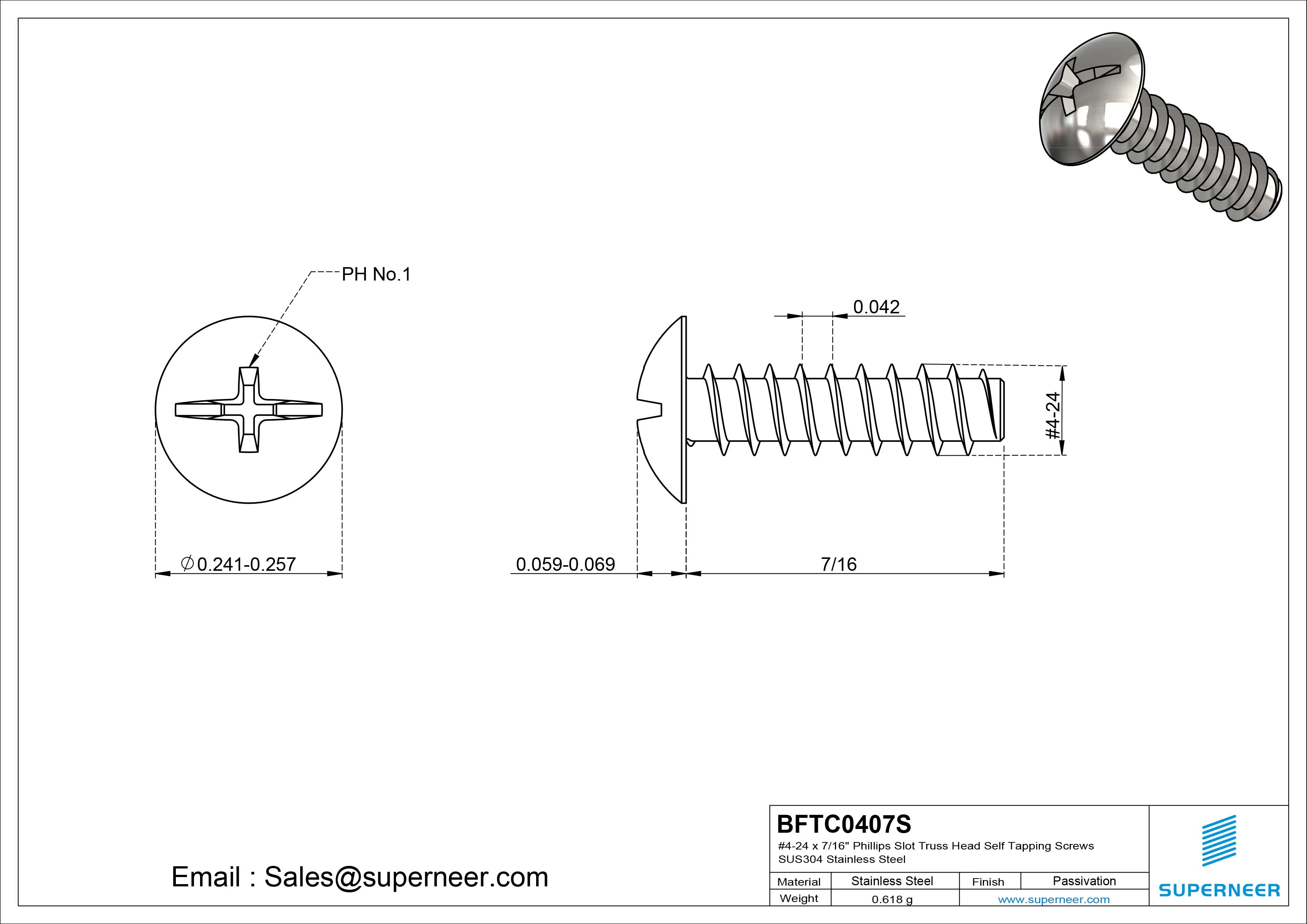 #4-24 x 7/16" Phillips Slot Truss Head Self Tapping Screws SUS304 Stainless Steel