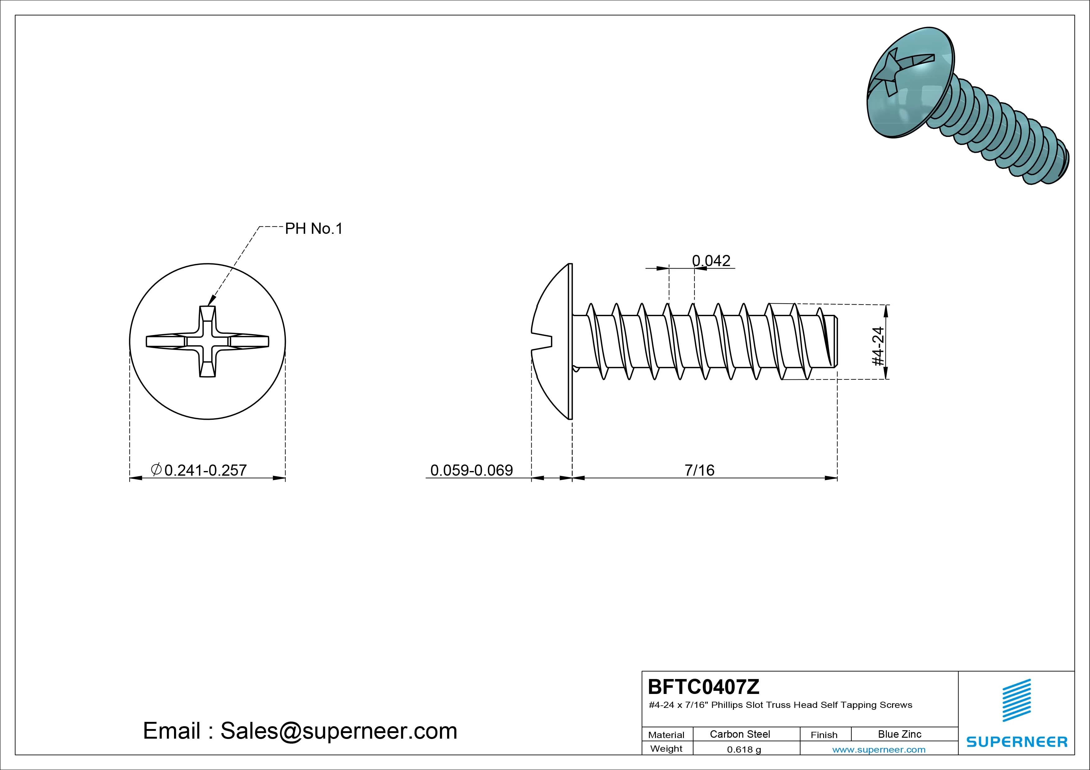 #4-24 x 7/16" Phillips Slot Truss Head Self Tapping Screws Steel Blue Zinc Plated