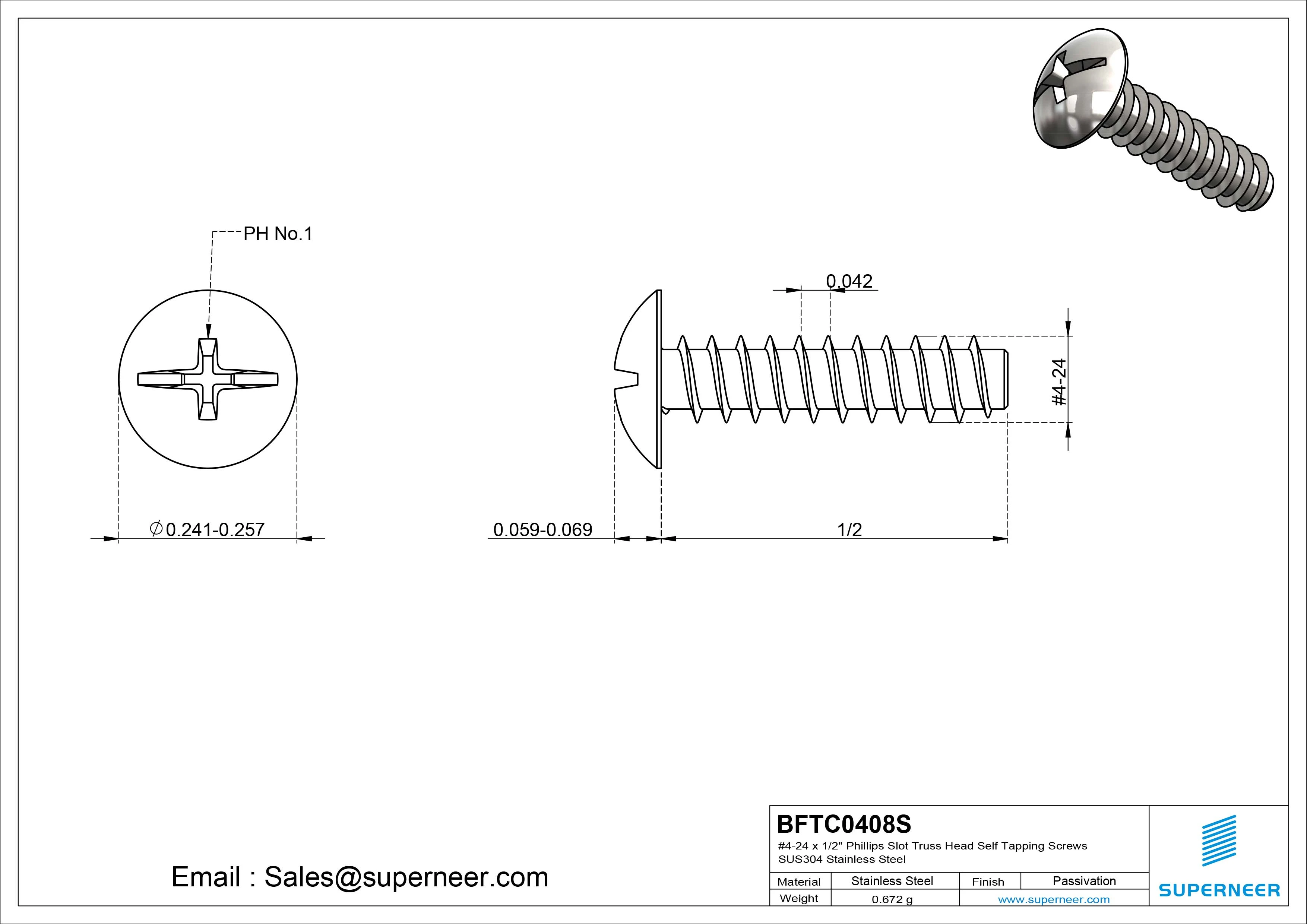 #4-24 x 1/2" Phillips Slot Truss Head Self Tapping Screws SUS304 Stainless Steel