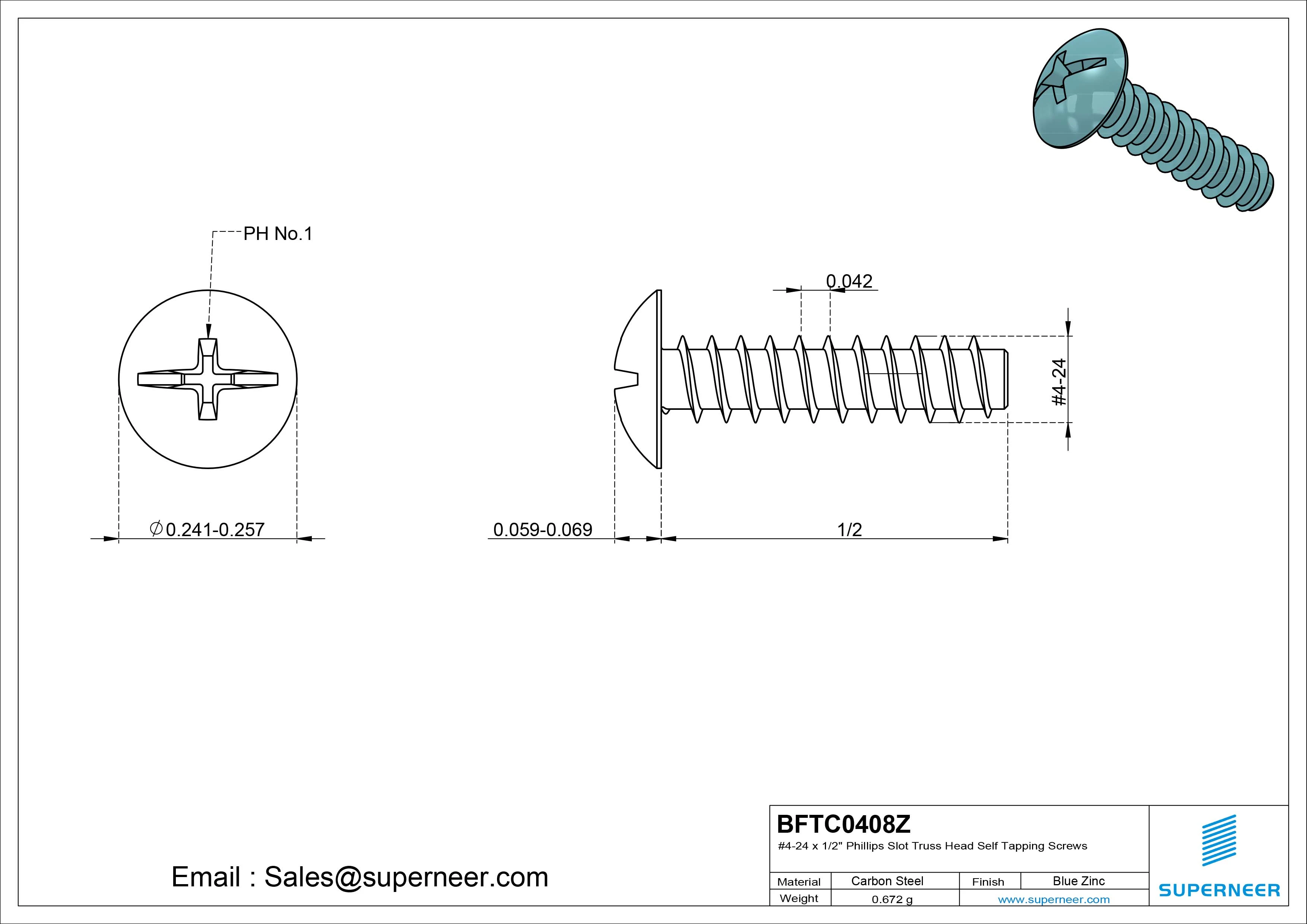 #4-24 x 1/2" Phillips Slot Truss Head Self Tapping Screws Steel Blue Zinc Plated
