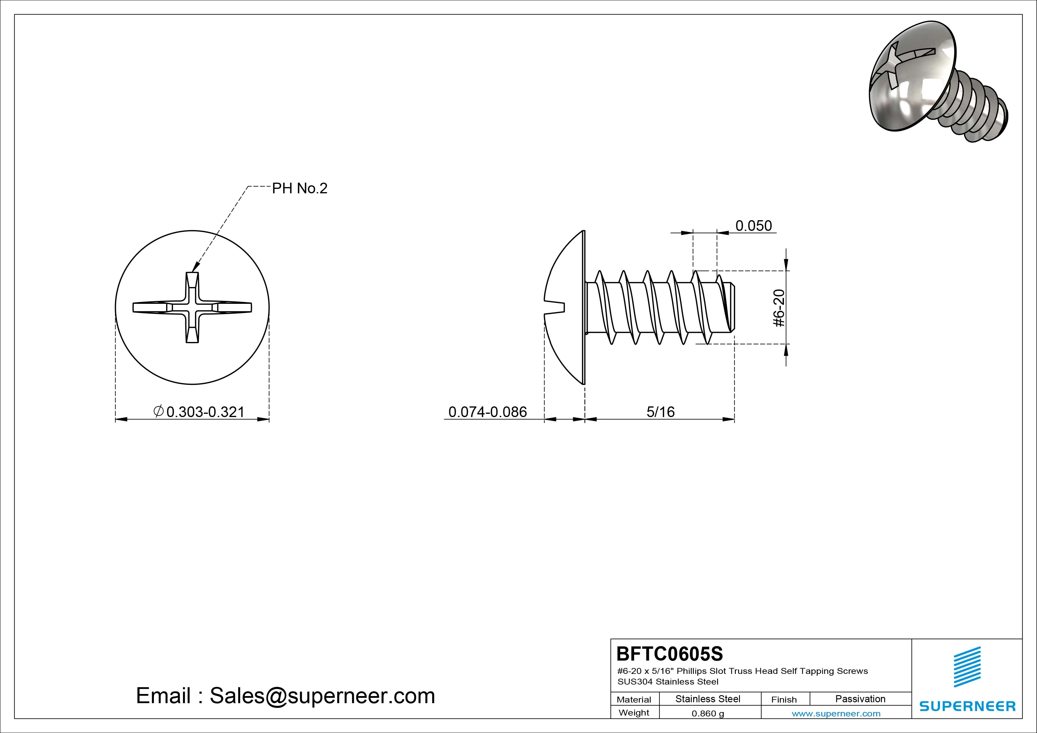 #6-20 x 5/16" Phillips Slot Truss Head Self Tapping Screws SUS304 Stainless Steel