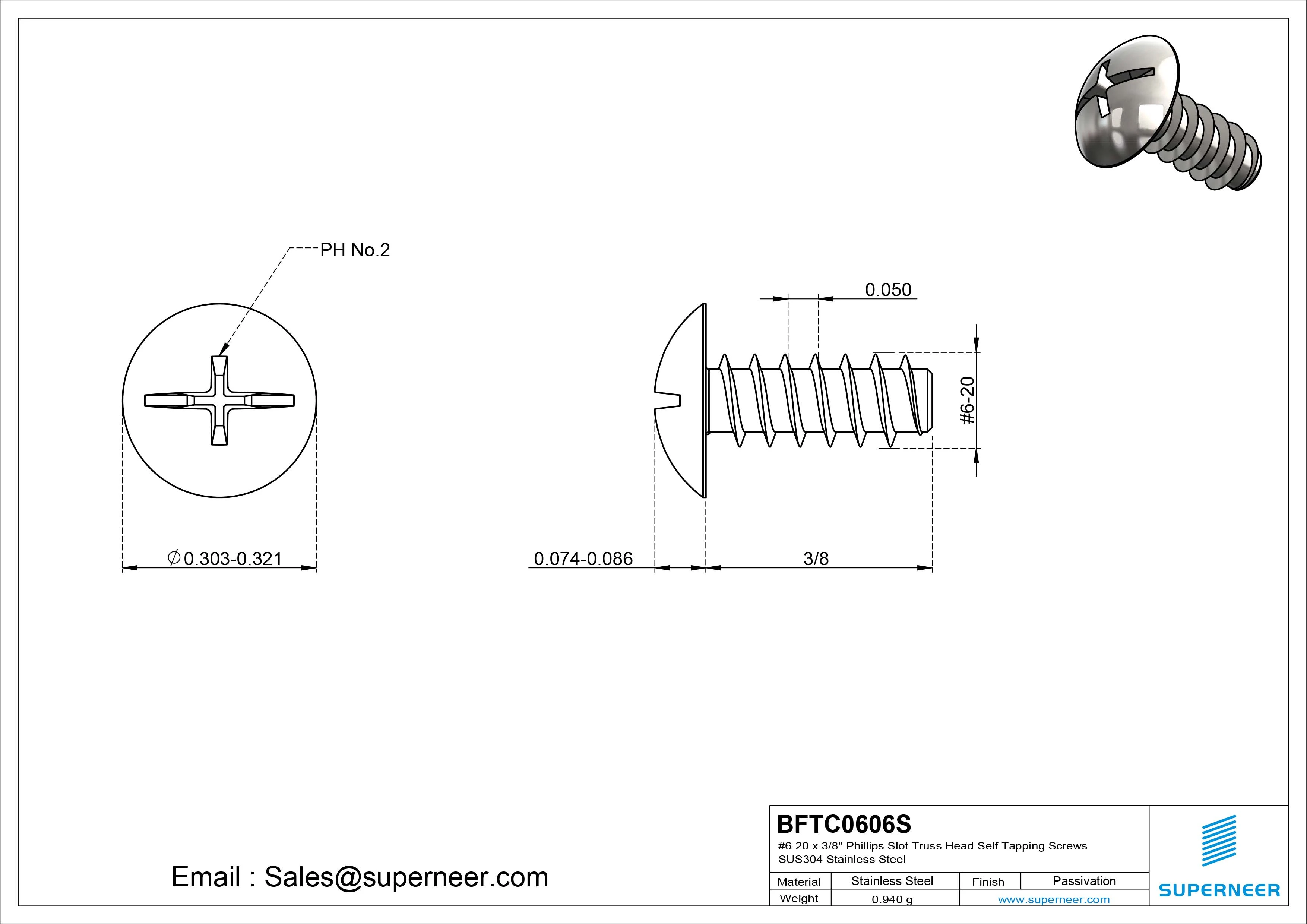 #6-20 x 3/8" Phillips Slot Truss Head Self Tapping Screws SUS304 Stainless Steel