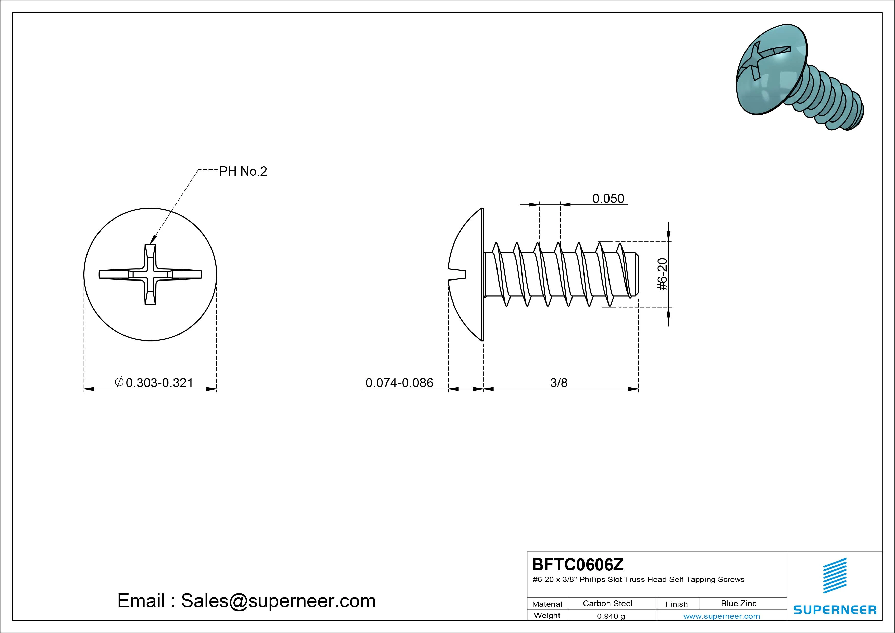 #6-20 x 3/8" Phillips Slot Truss Head Self Tapping Screws Steel Blue Zinc Plated