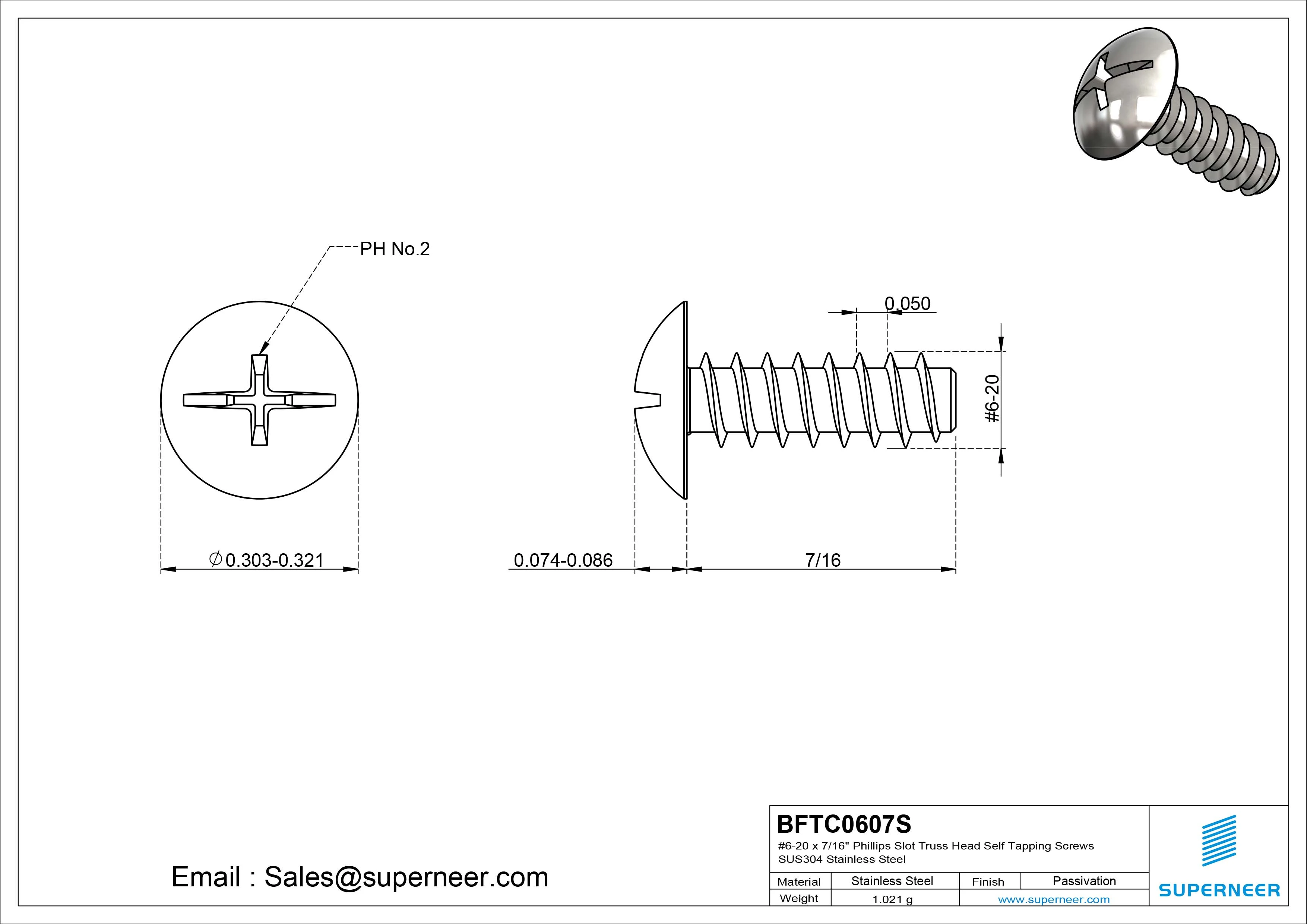 #6-20 x 7/16" Phillips Slot Truss Head Self Tapping Screws SUS304 Stainless Steel