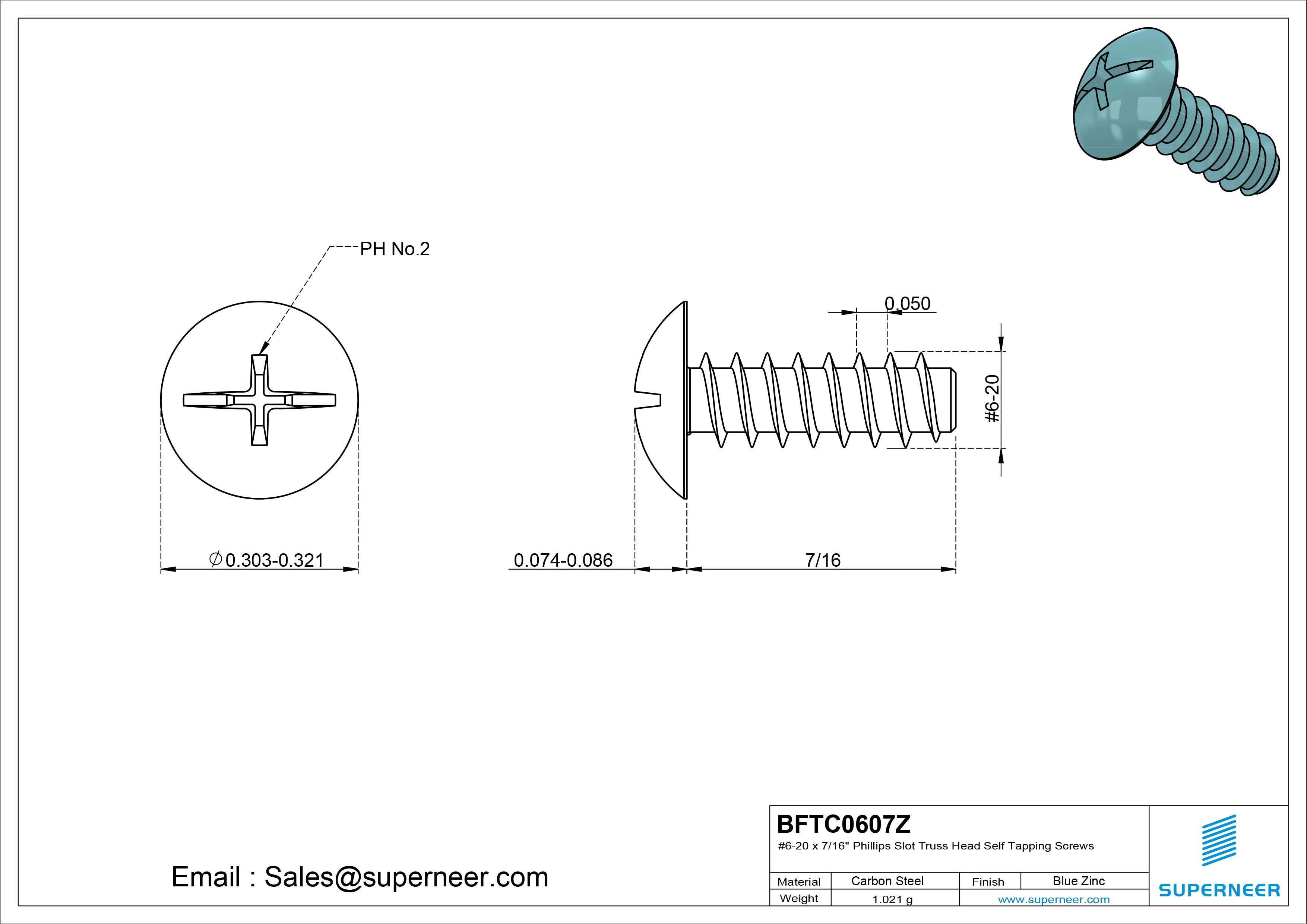 #6-20 x 7/16" Phillips Slot Truss Head Self Tapping Screws Steel Blue Zinc Plated