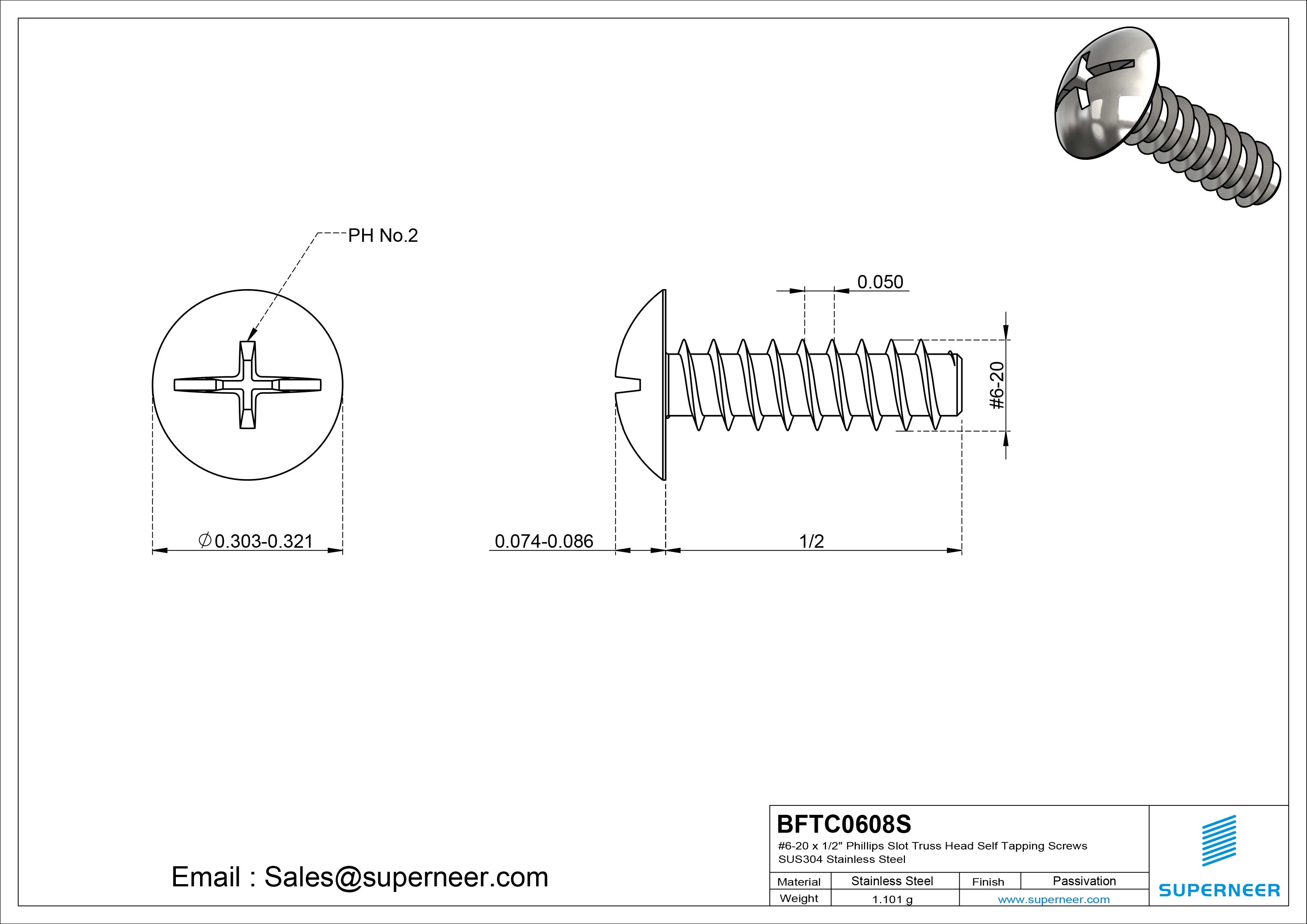 #6-20 x 1/2" Phillips Slot Truss Head Self Tapping Screws SUS304 Stainless Steel