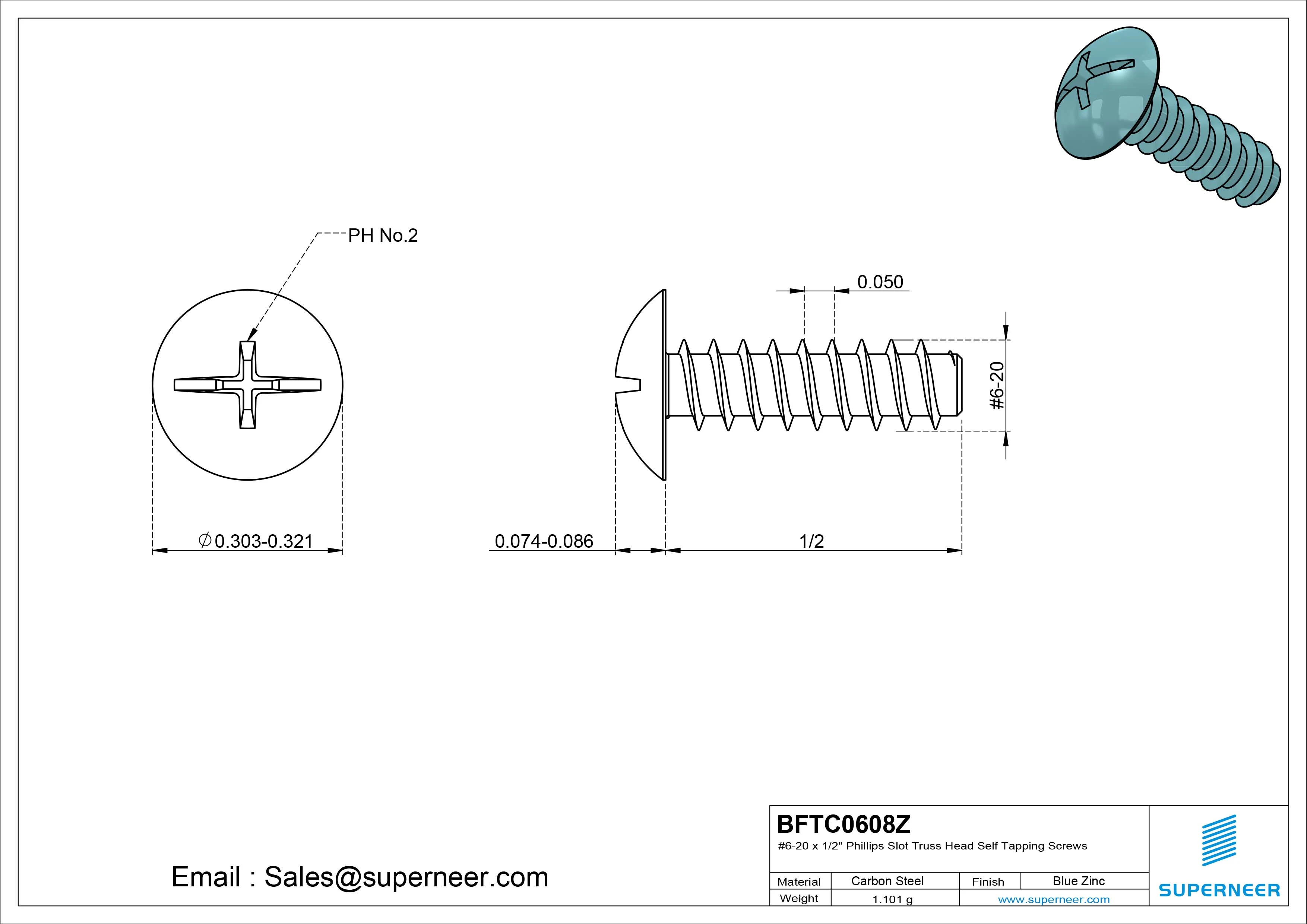#6-20 x 1/2" Phillips Slot Truss Head Self Tapping Screws Steel Blue Zinc Plated