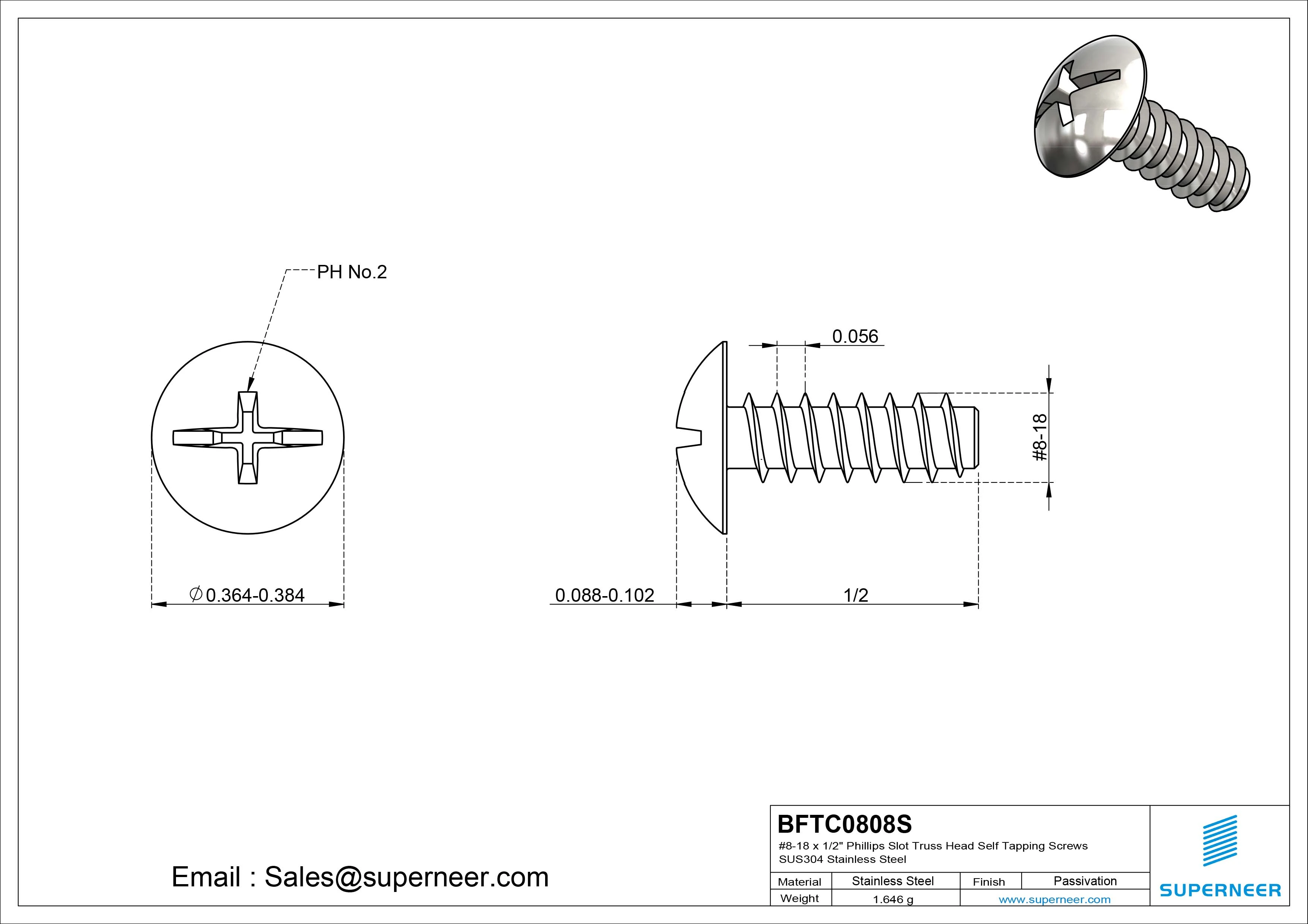 #8-18 x 1/2" Phillips Slot Truss Head Self Tapping Screws SUS304 Stainless Steel