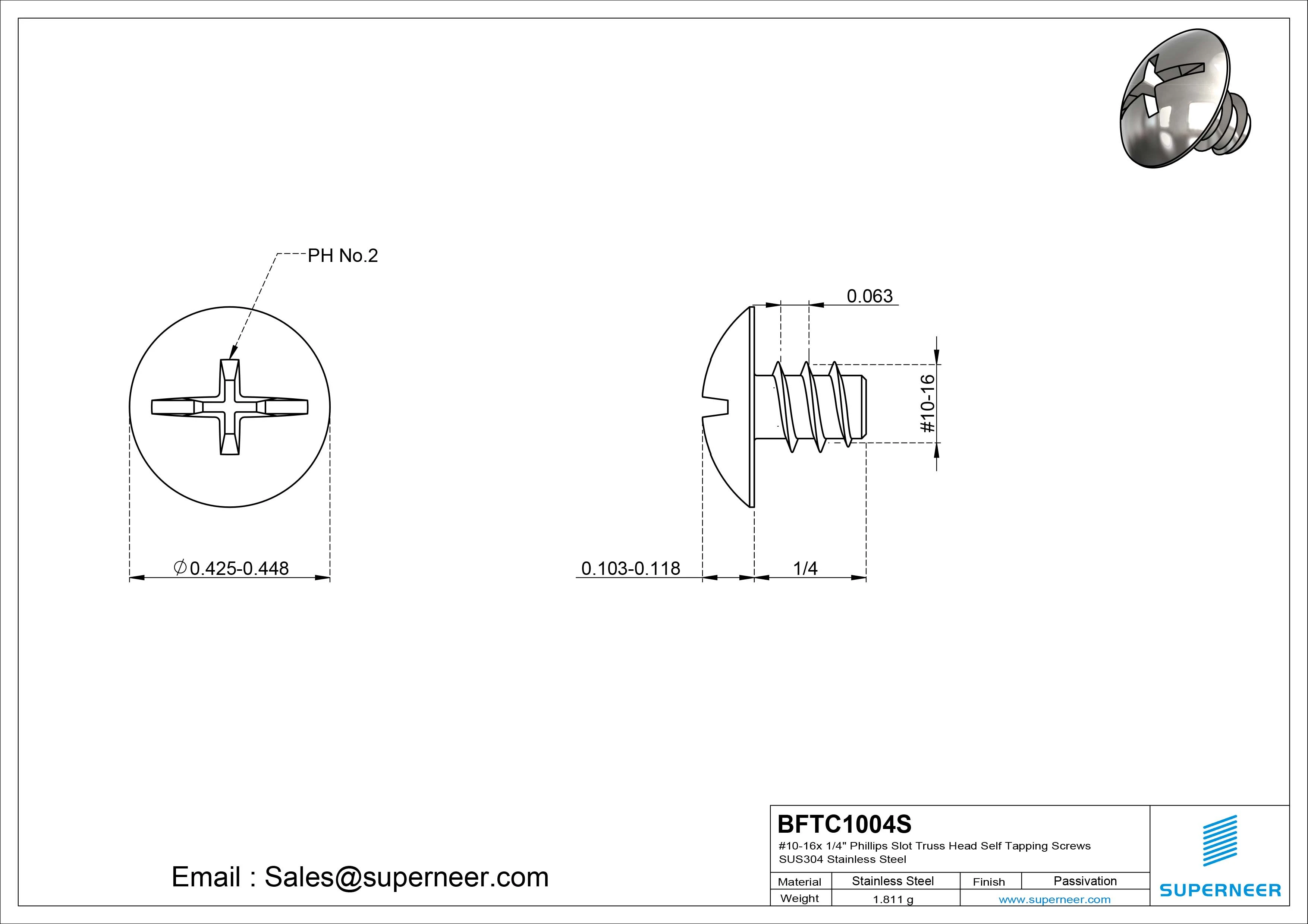 #10-16 x 1/4" Phillips Slot Truss Head Self Tapping Screws SUS304 Stainless Steel