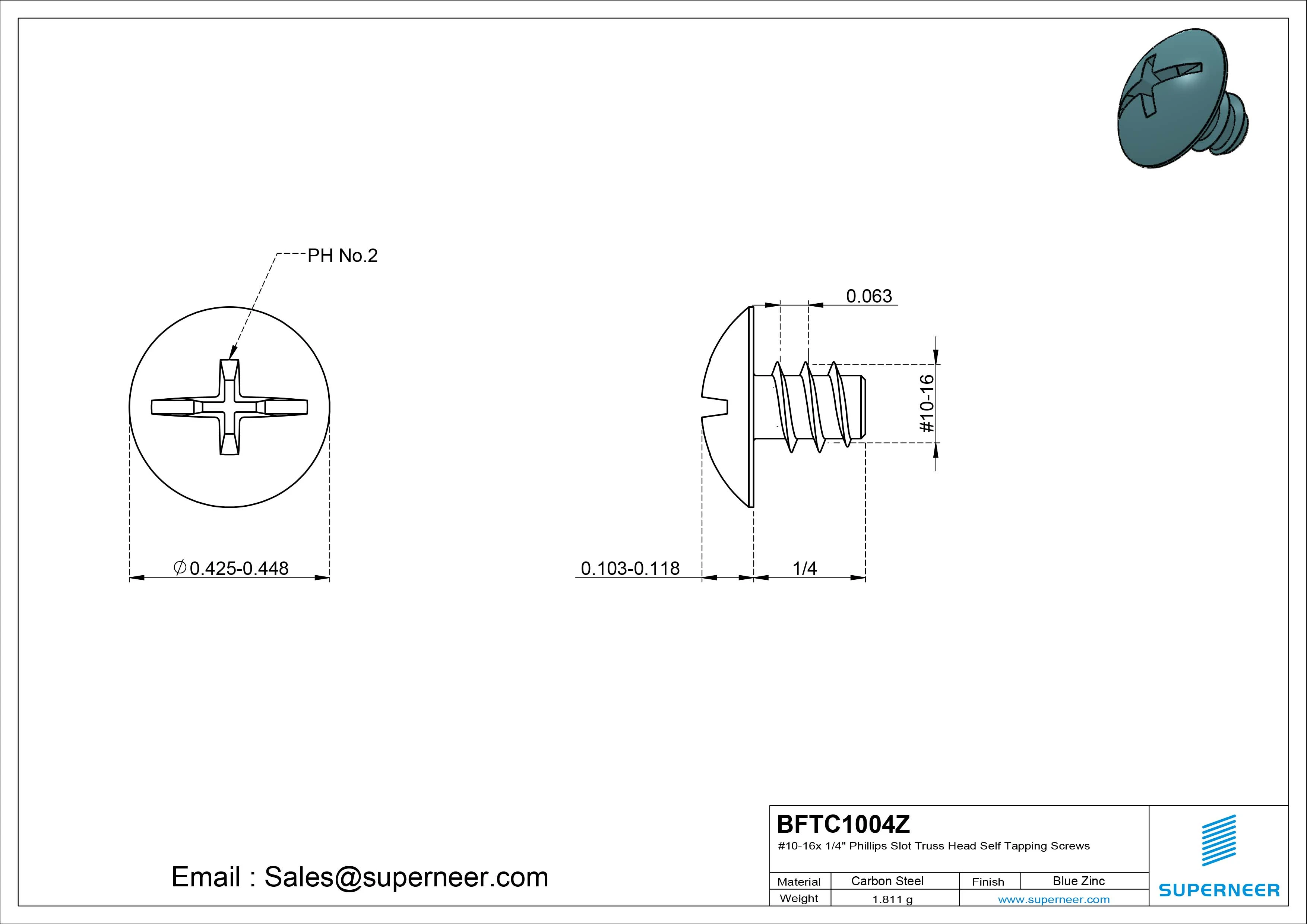 #10-16 x 1/4" Phillips Slot Truss Head Self Tapping Screws Steel Blue Zinc Plated