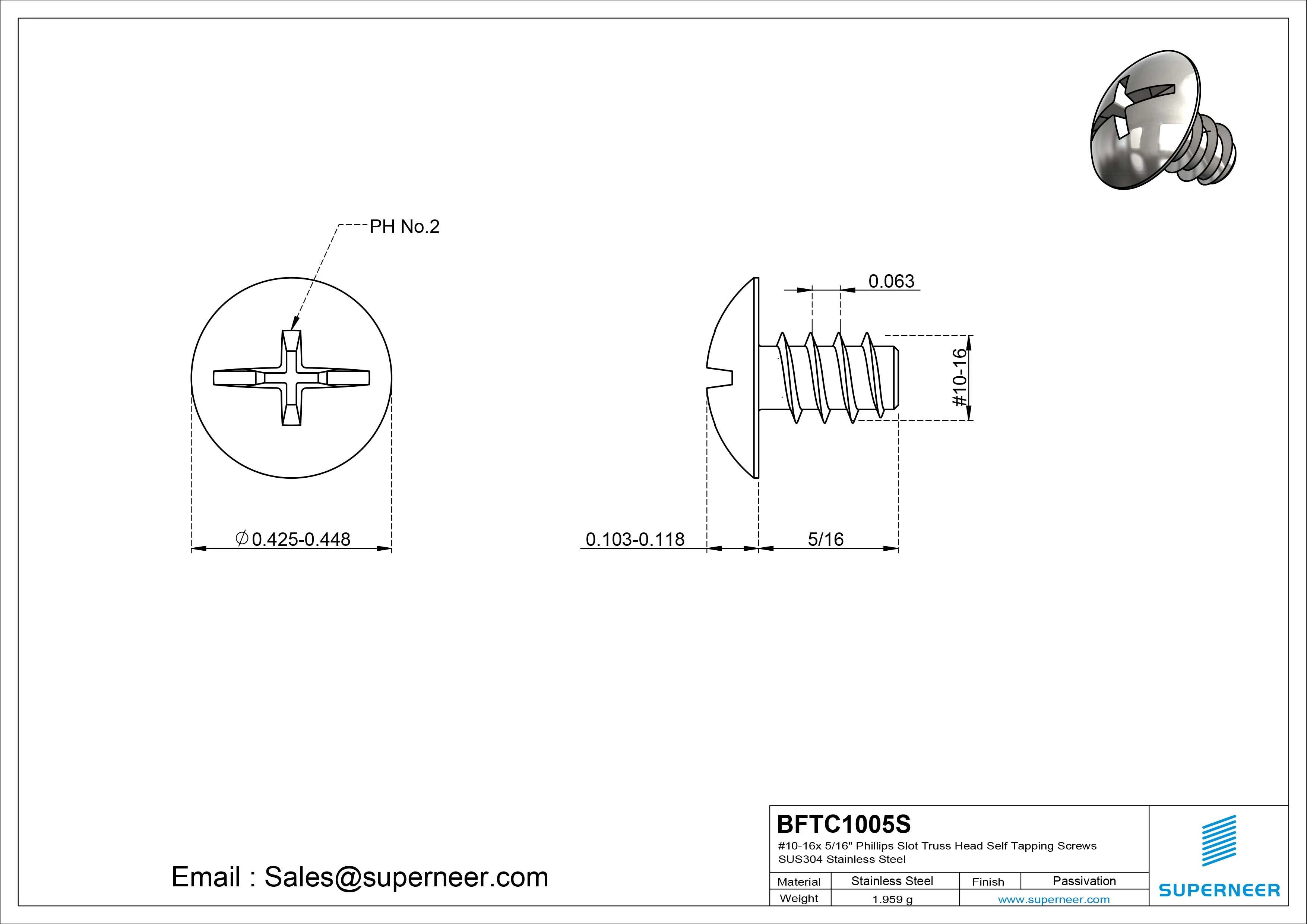 #10-16 x 5/16" Phillips Slot Truss Head Self Tapping Screws SUS304 Stainless Steel