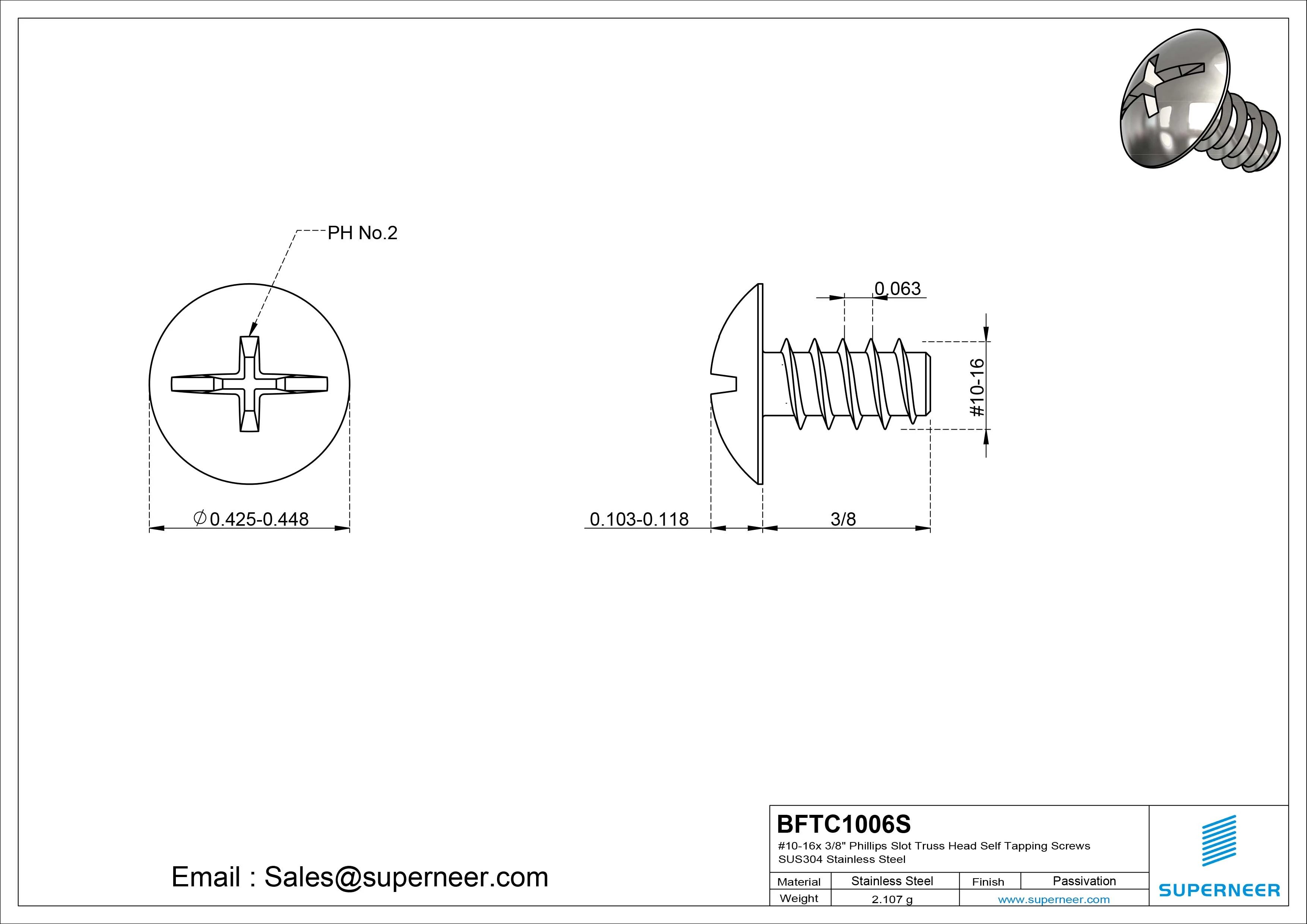 #10-16 x 3/8" Phillips Slot Truss Head Self Tapping Screws SUS304 Stainless Steel