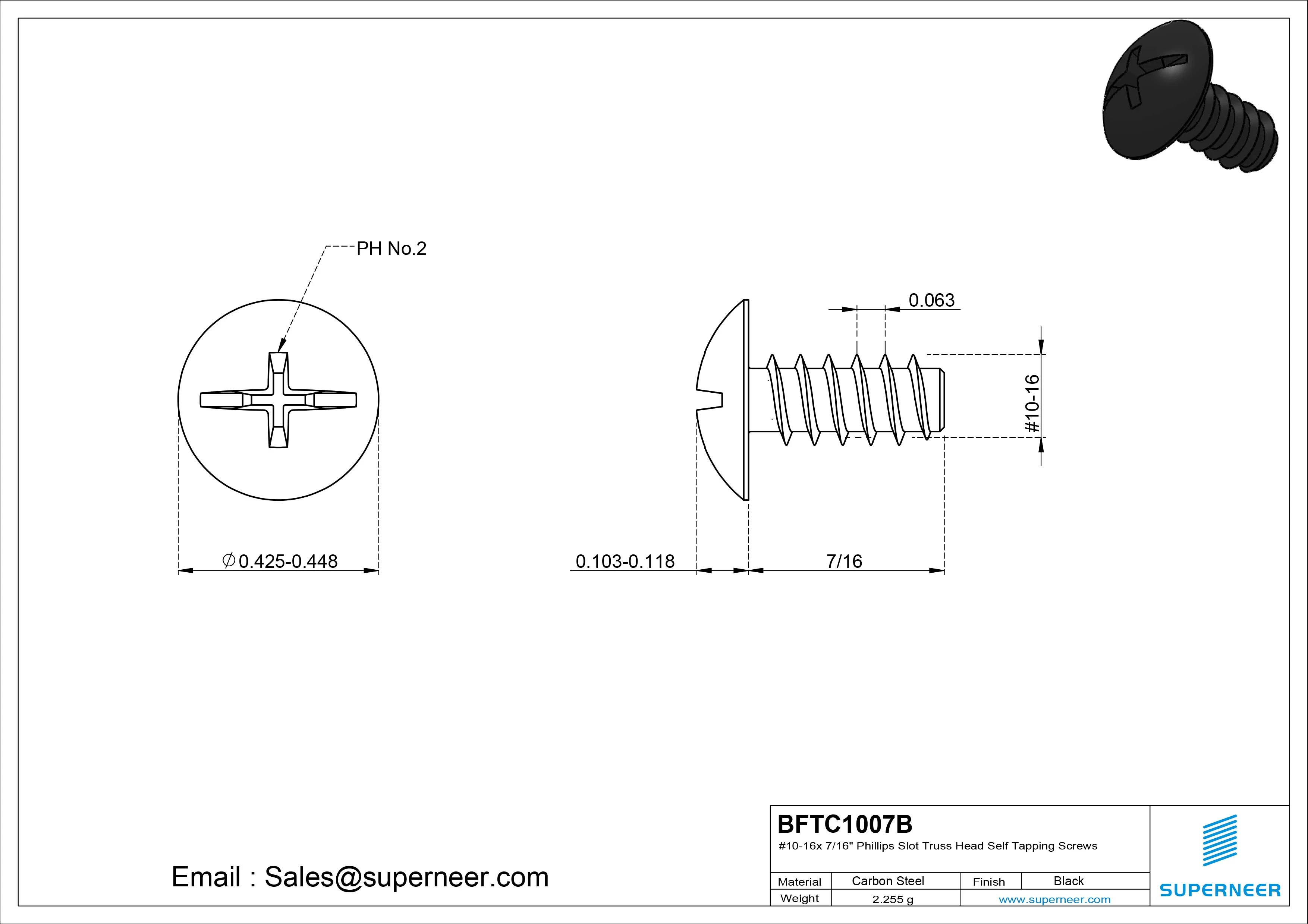#10-16 x 7/16" Phillips Slot Truss Head Self Tapping Screws Steel Black Zinc Plated