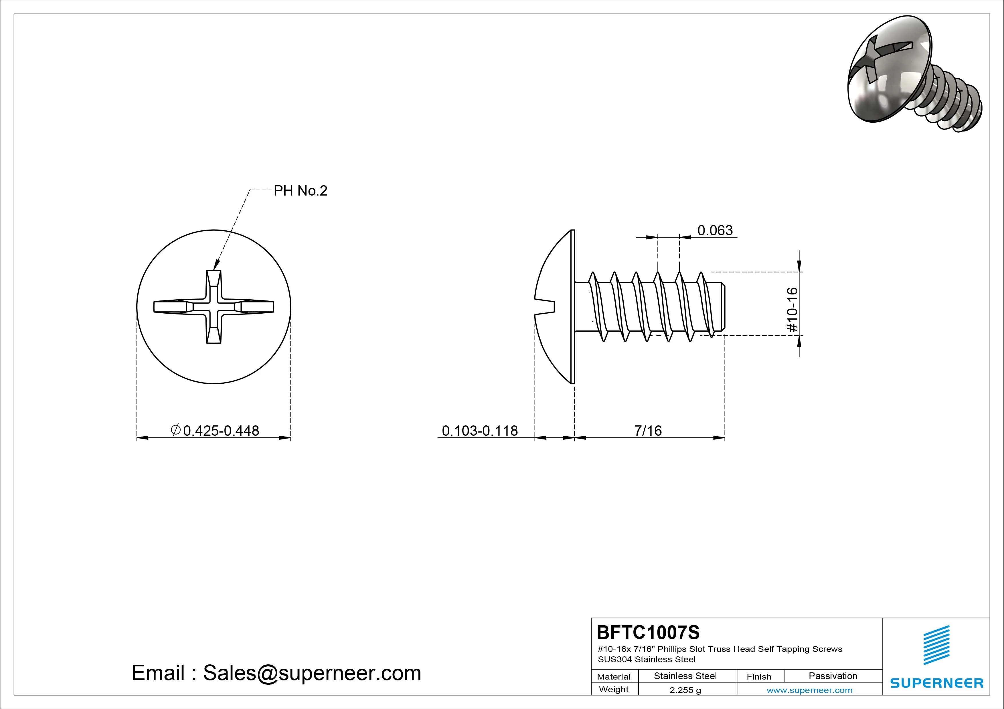 #10-16 x 7/16" Phillips Slot Truss Head Self Tapping Screws SUS304 Stainless Steel