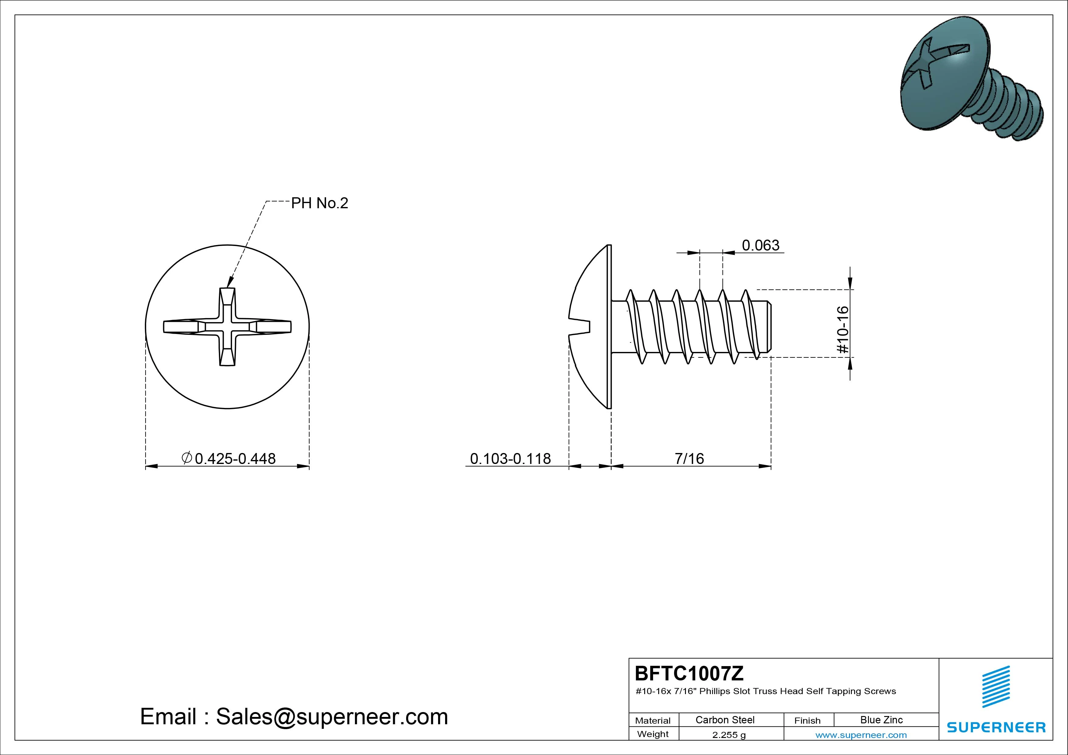 #10-16 x 7/16" Phillips Slot Truss Head Self Tapping Screws Steel Blue Zinc Plated