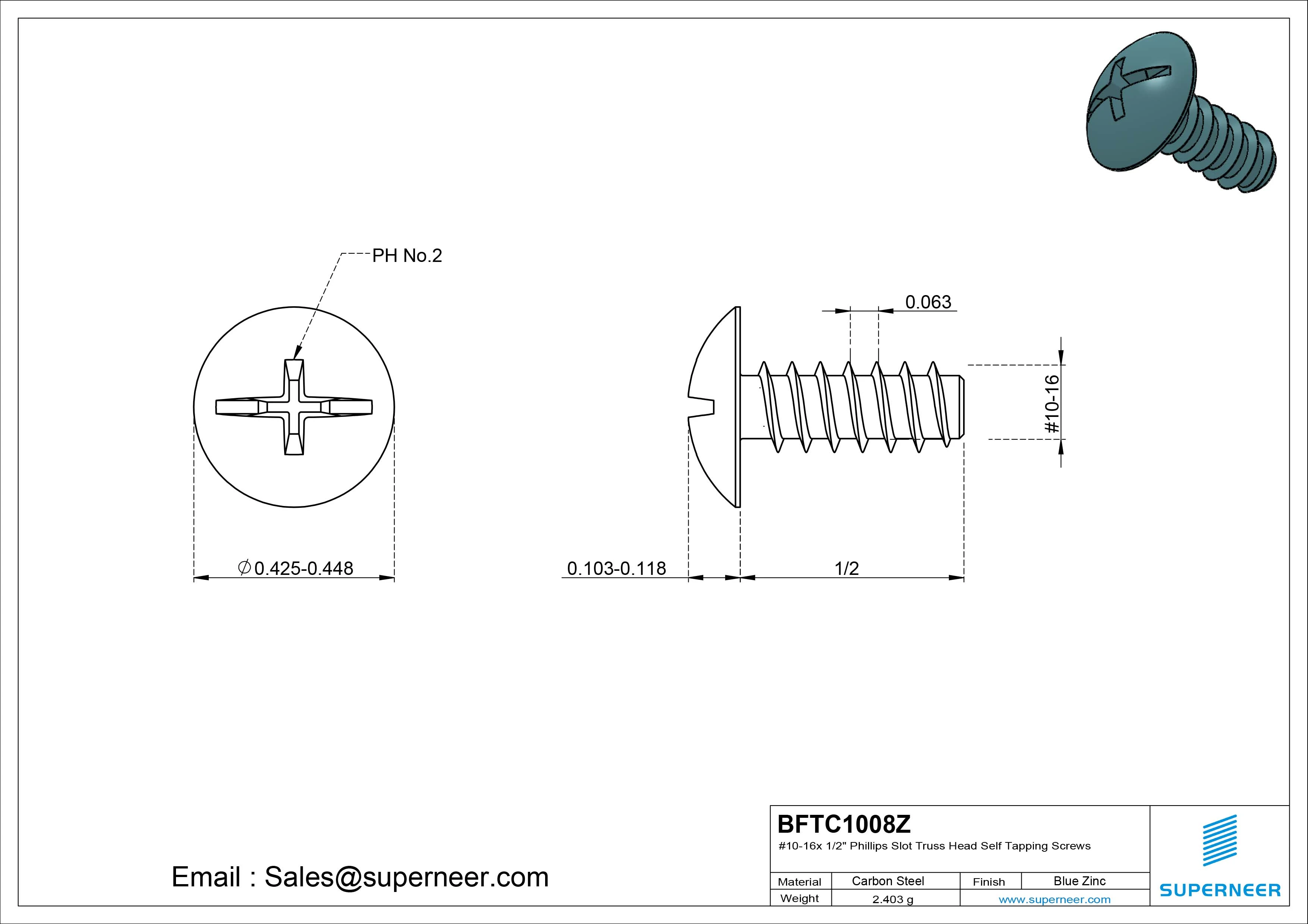 #10-16 x 1/2" Phillips Slot Truss Head Self Tapping Screws Steel Blue Zinc Plated