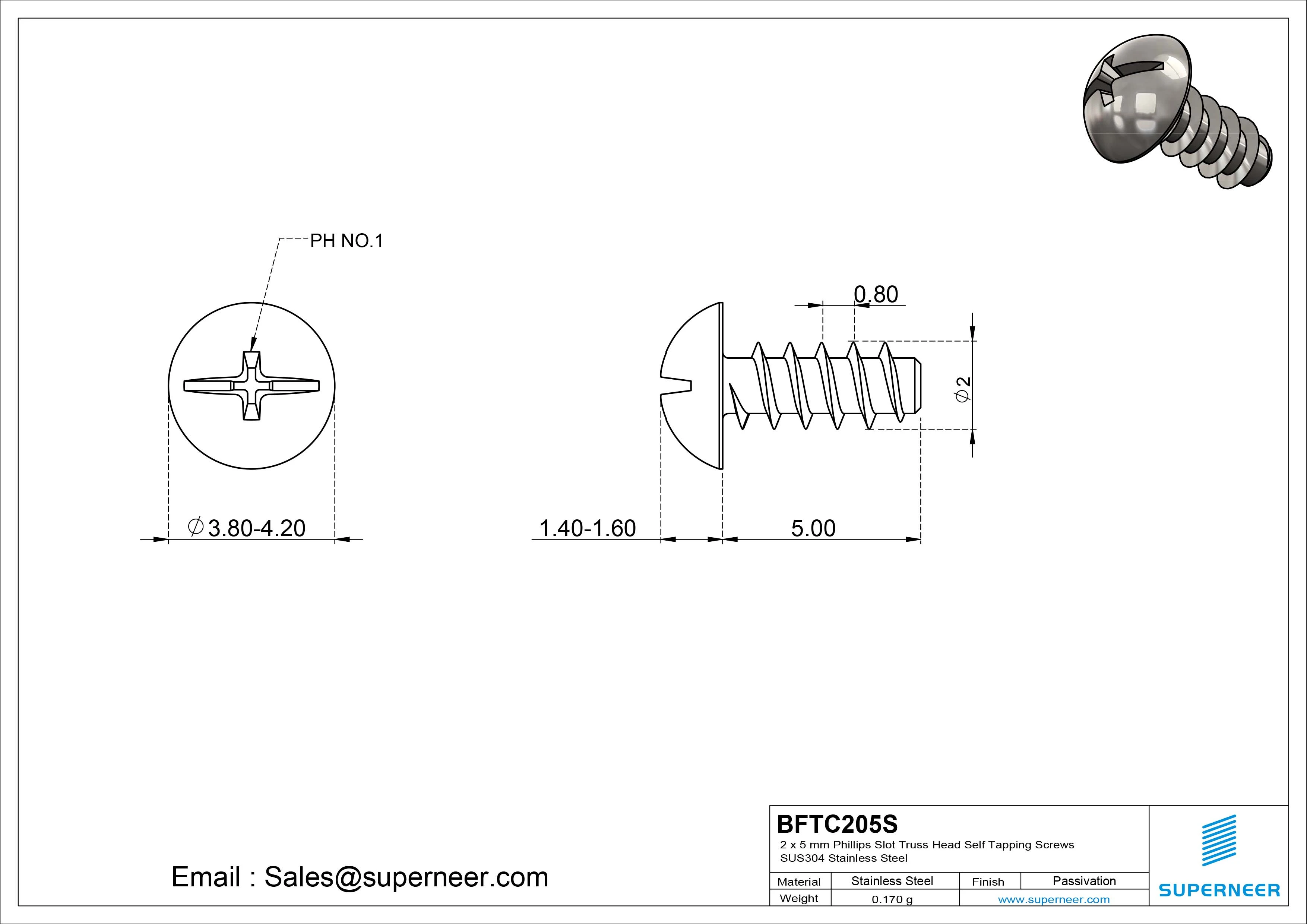 2 x 5mm Phillips Slot Truss Head Self Tapping Screws SUS304 Stainless Steel