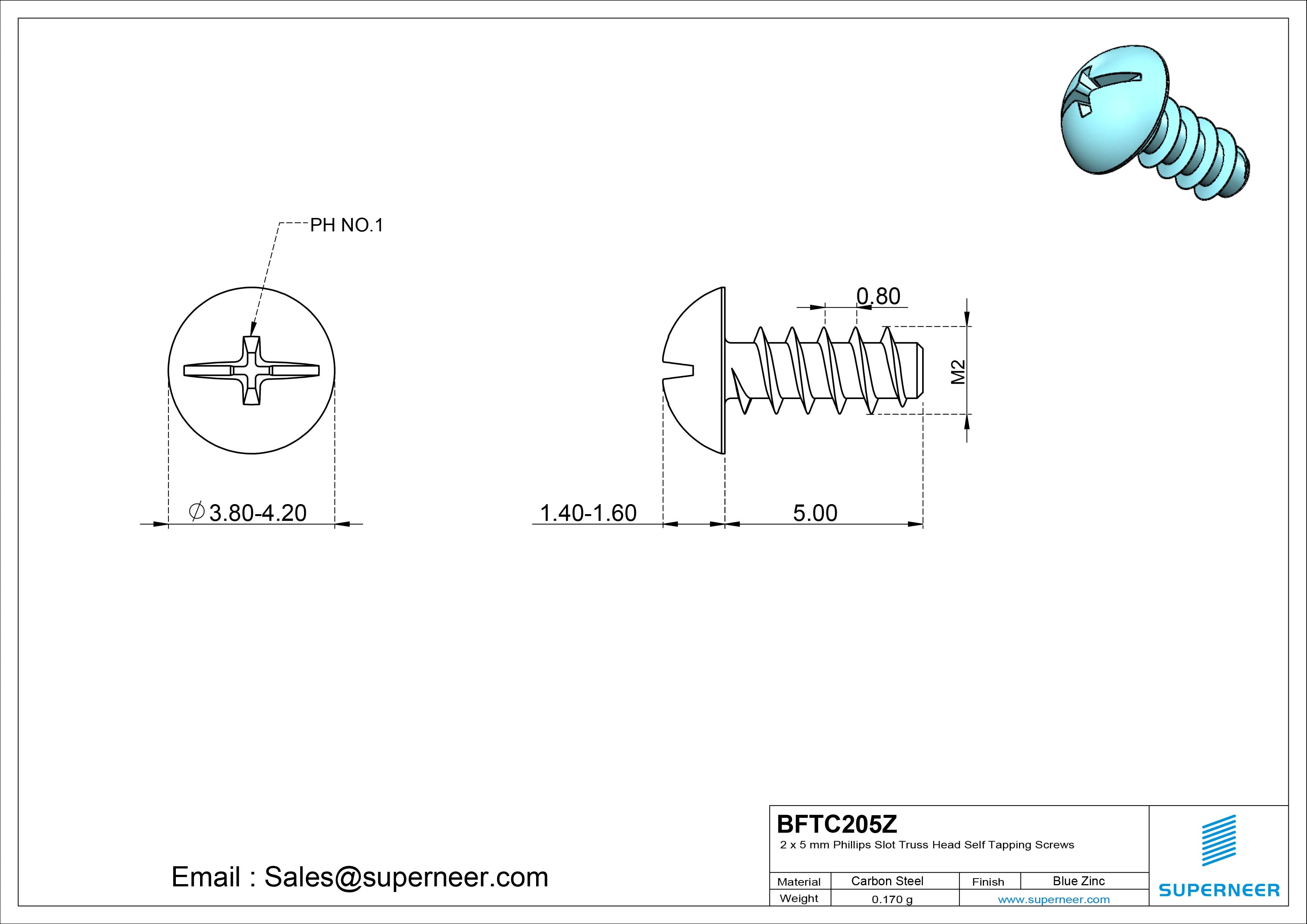 2 x 5mm Phillips Slot Truss Head Self Tapping Screws Steel Blue Zinc Plated