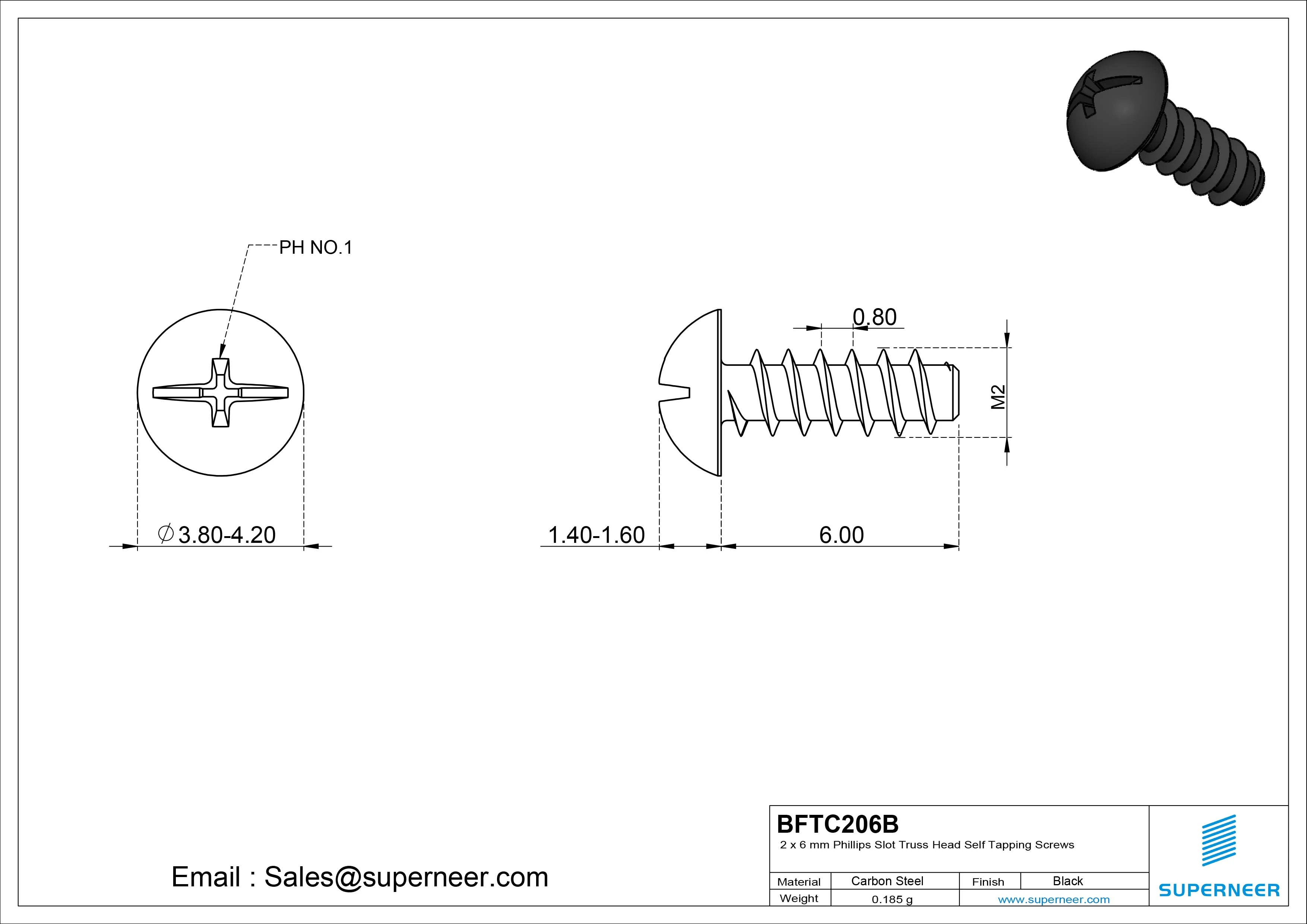 2 x 6mm Phillips Slot Truss Head Self Tapping Screws Steel Black Zinc Plated