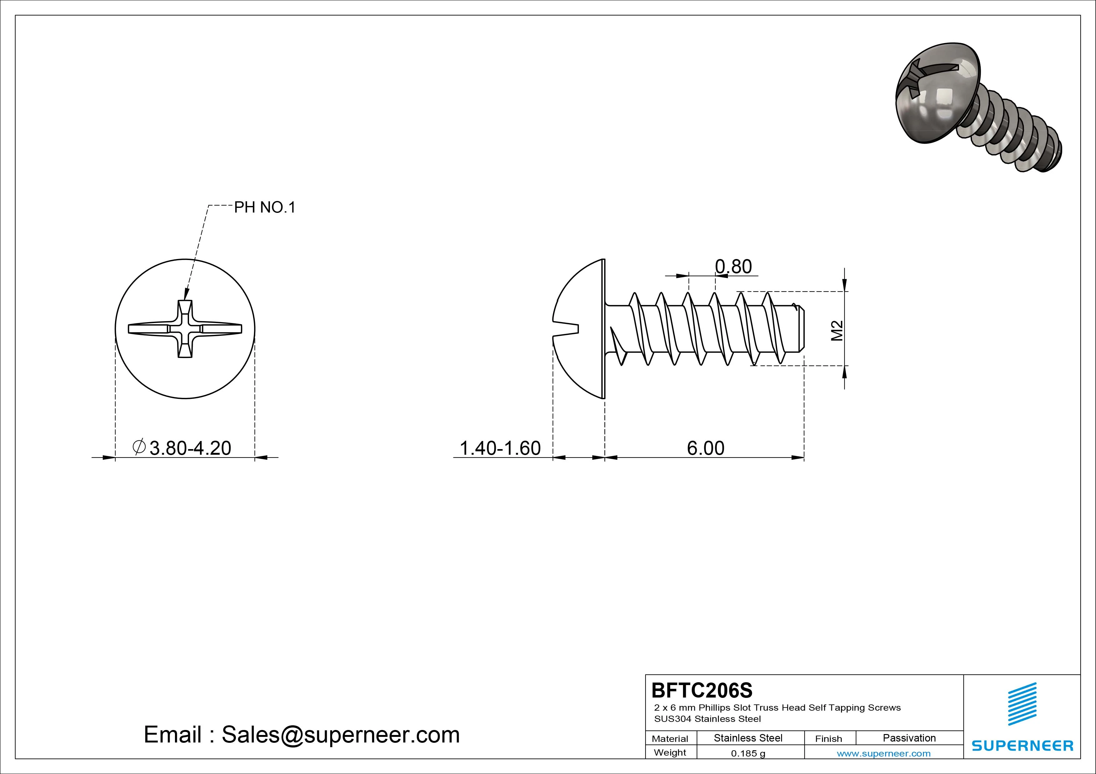 2 x 6mm Phillips Slot Truss Head Self Tapping Screws SUS304 Stainless Steel