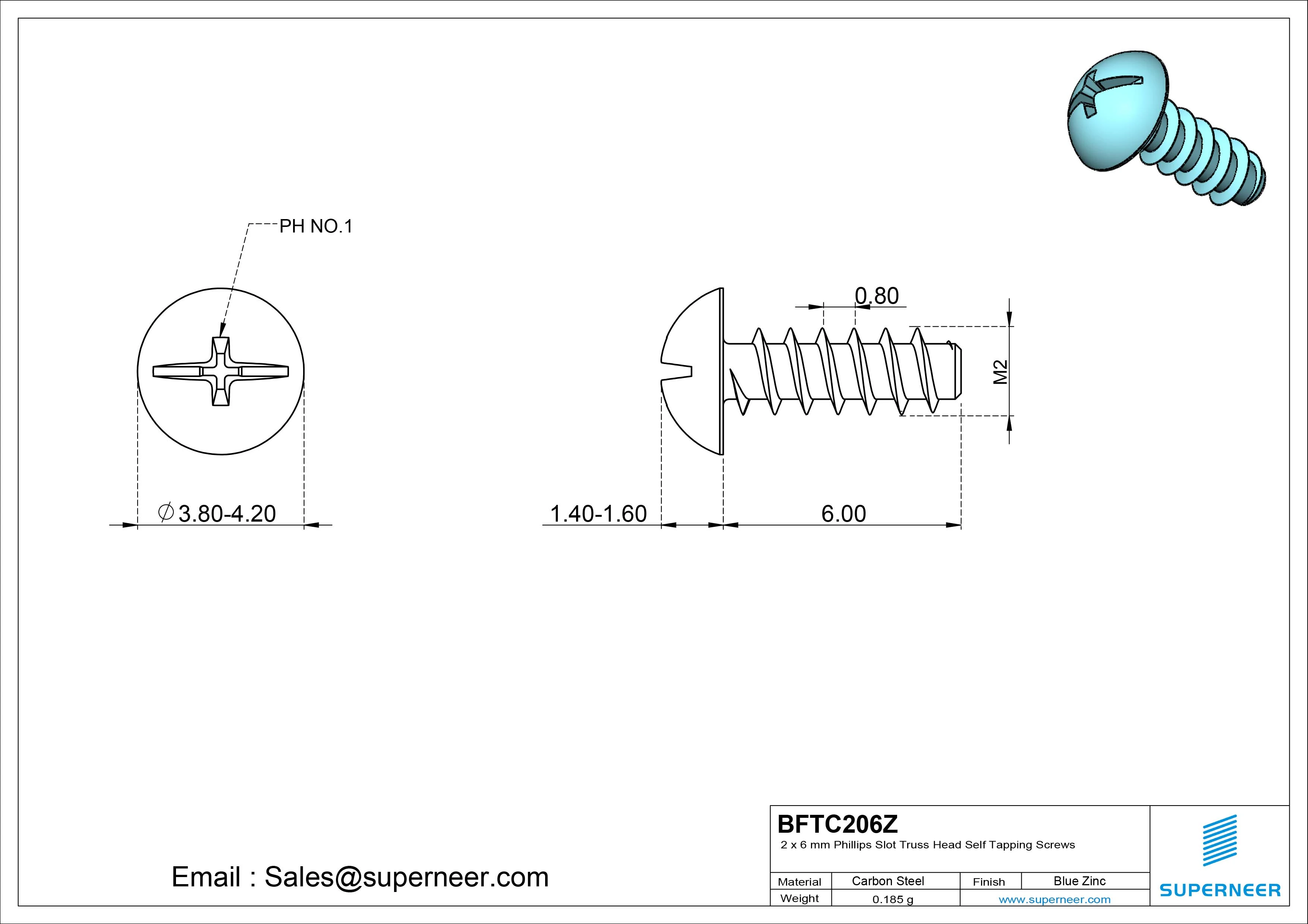2 x 6mm Phillips Slot Truss Head Self Tapping Screws Steel Blue Zinc Plated