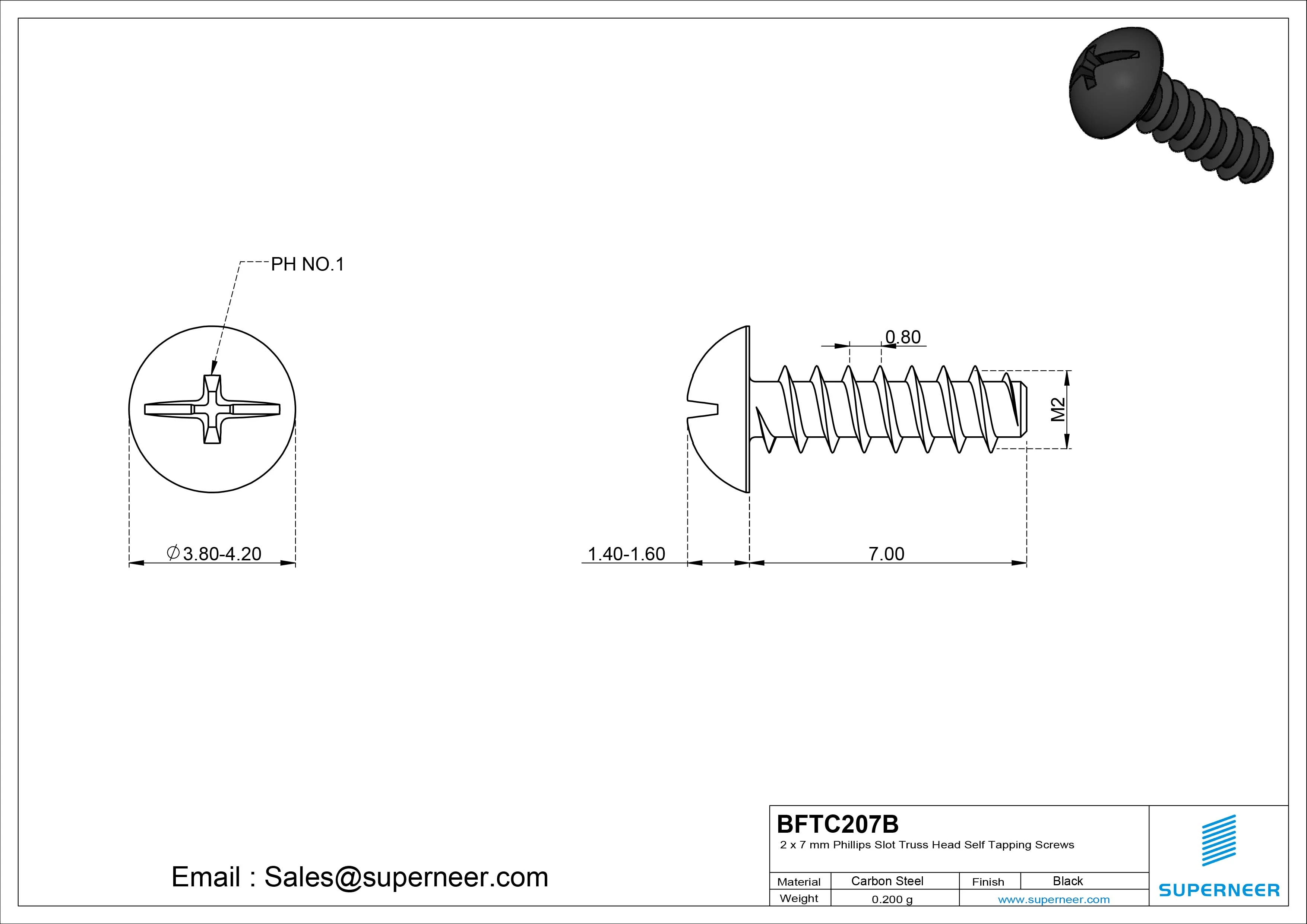 2 x 7mm Phillips Slot Truss Head Self Tapping Screws Steel Black Zinc Plated