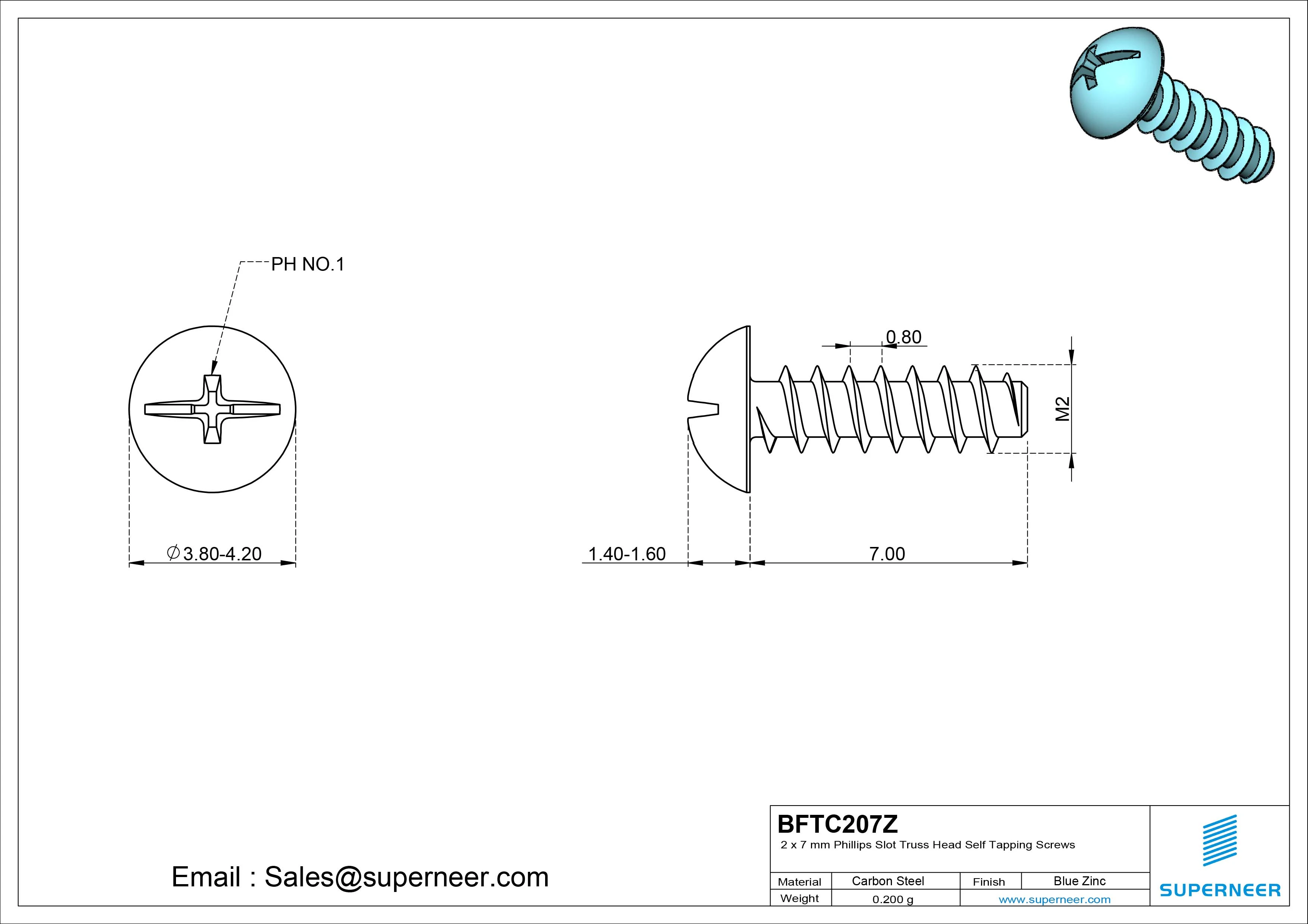2 x 7mm Phillips Slot Truss Head Self Tapping Screws Steel Blue Zinc Plated