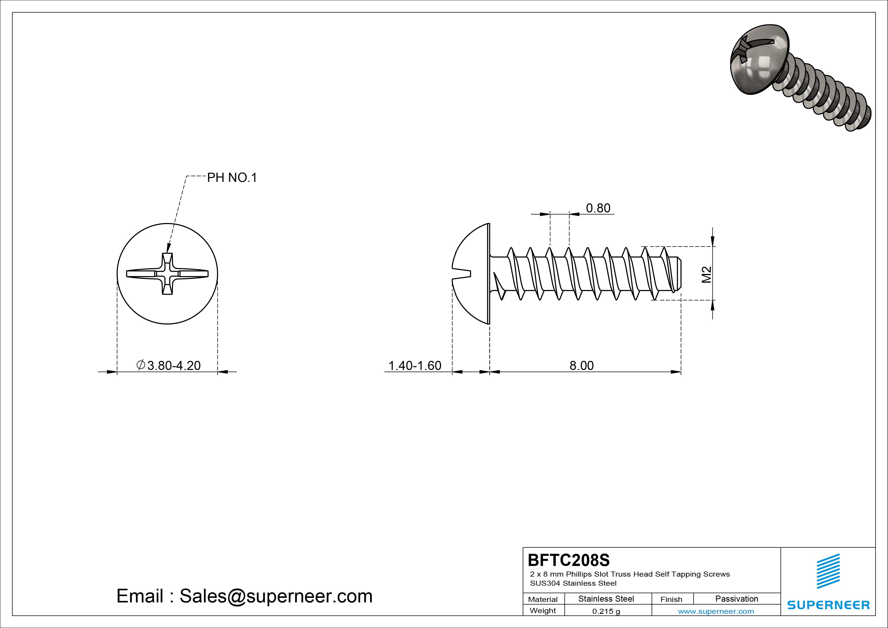 2 x 8mm Phillips Slot Truss Head Self Tapping Screws SUS304 Stainless Steel