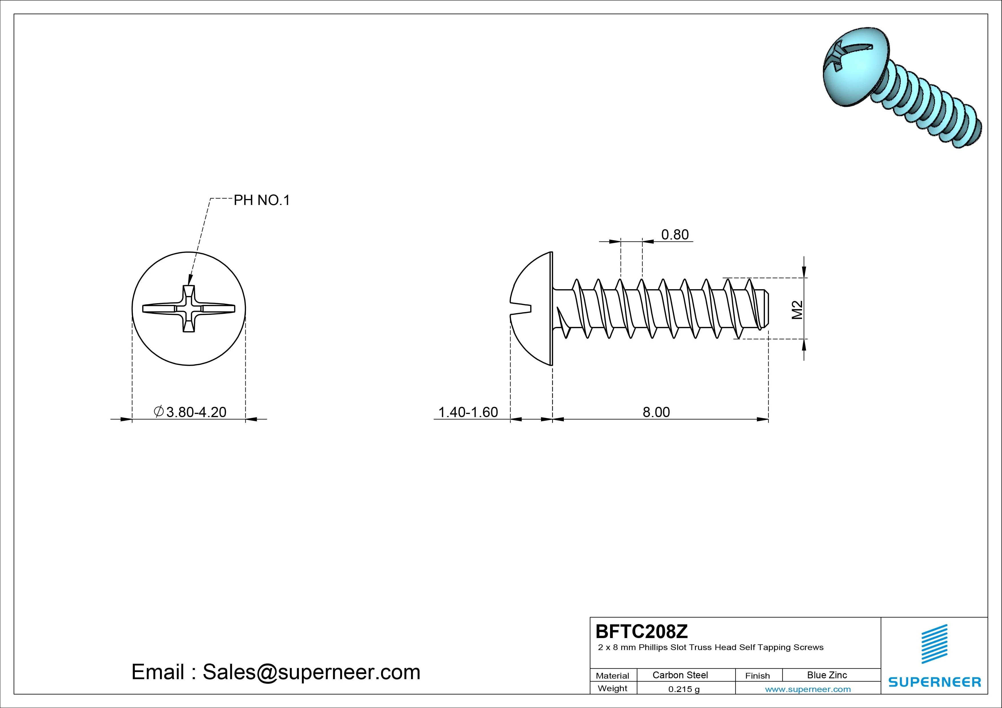 2 x 8mm Phillips Slot Truss Head Self Tapping Screws Steel Blue Zinc Plated