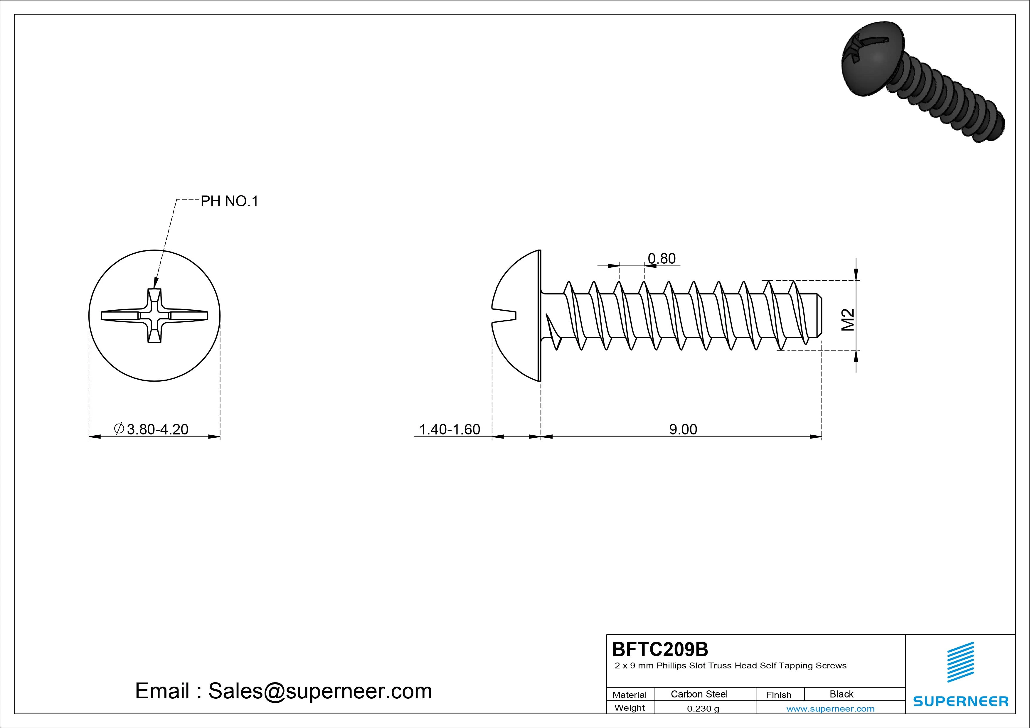 2 x 9mm Phillips Slot Truss Head Self Tapping Screws Steel Black Zinc Plated