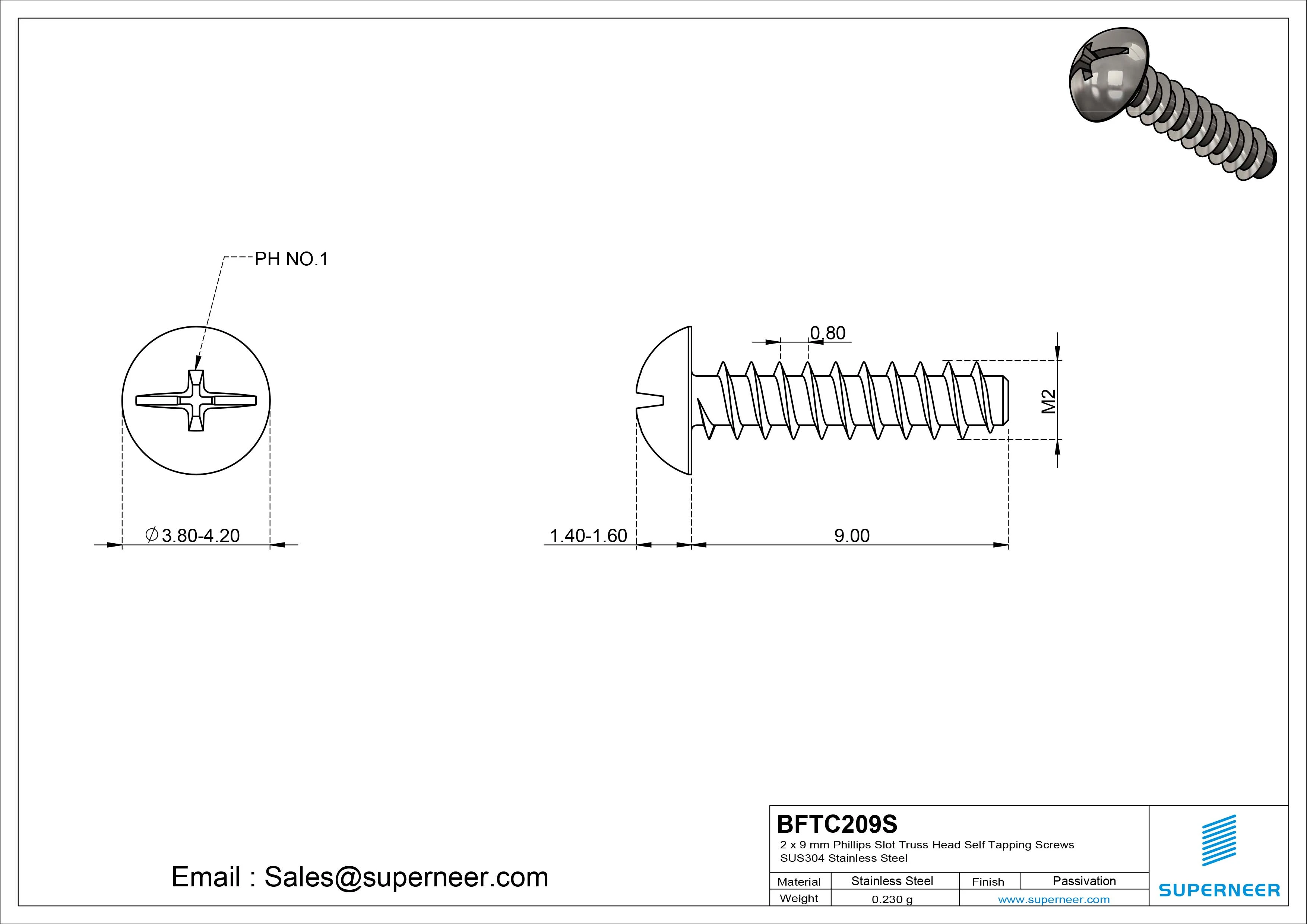 2 x 9mm Phillips Slot Truss Head Self Tapping Screws SUS304 Stainless Steel