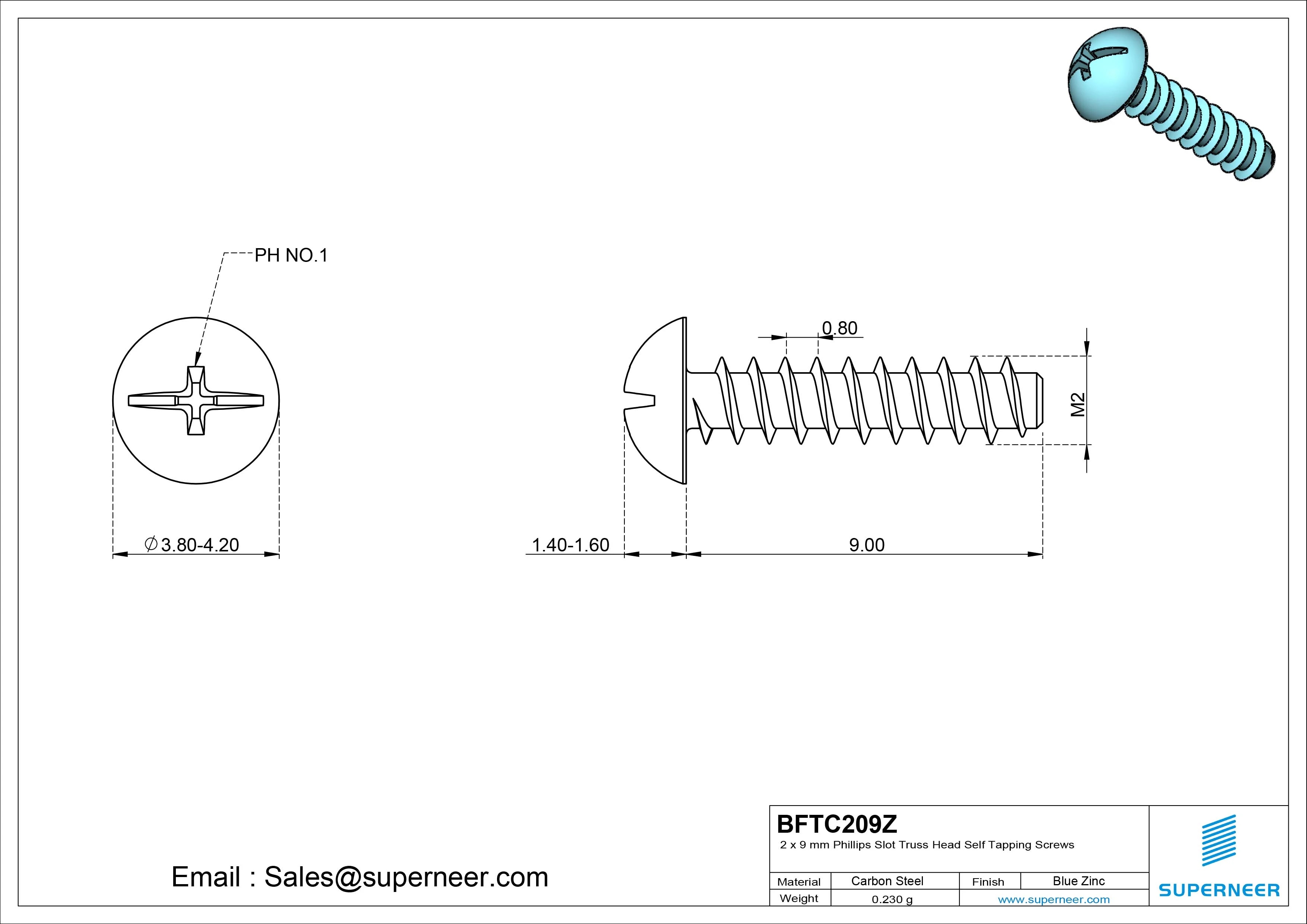 2 x 9mm Phillips Slot Truss Head Self Tapping Screws Steel Blue Zinc Plated