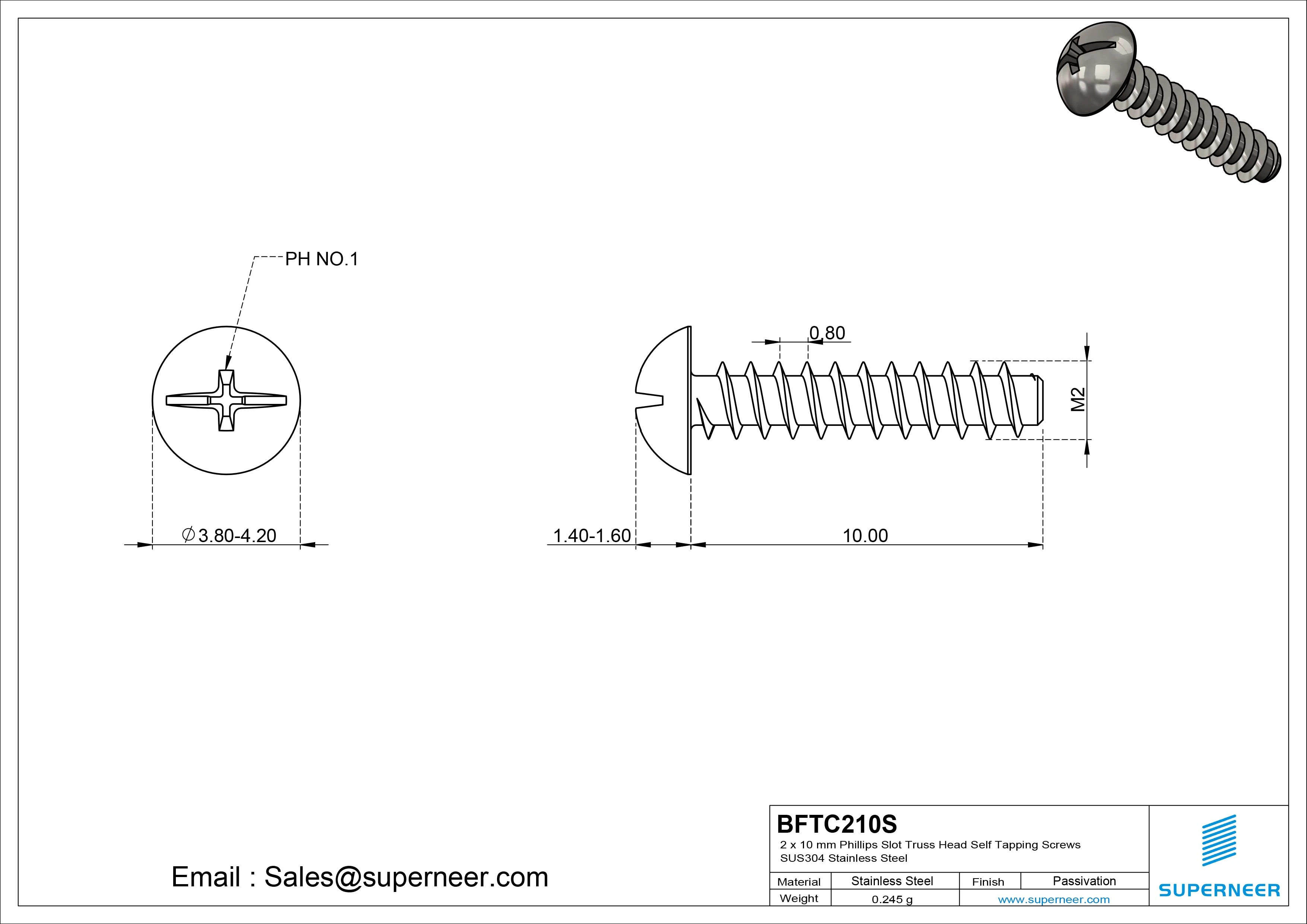 2 x 10mm Phillips Slot Truss Head Self Tapping Screws SUS304 Stainless Steel
