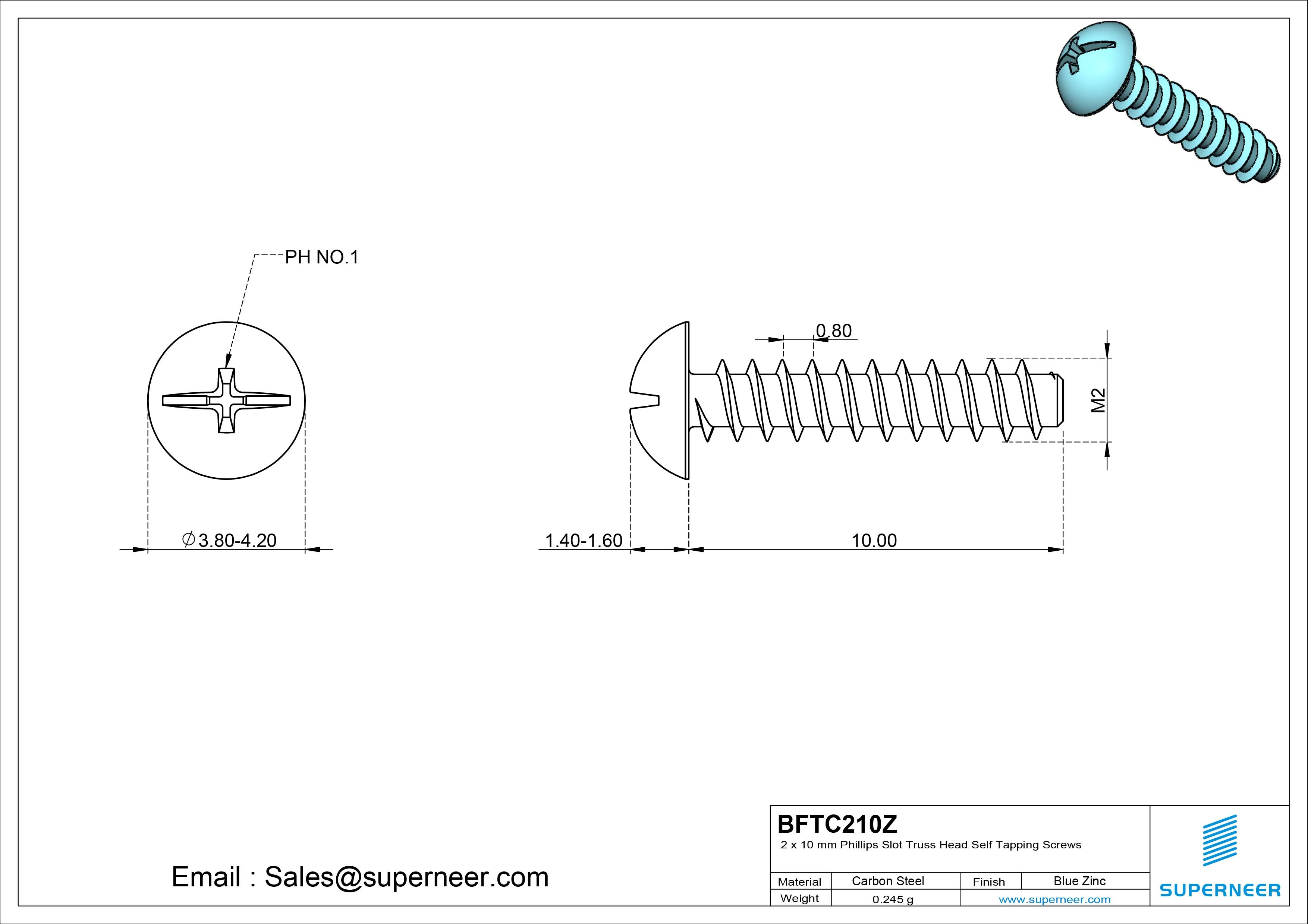2 x 10mm Phillips Slot Truss Head Self Tapping Screws Steel Blue Zinc Plated