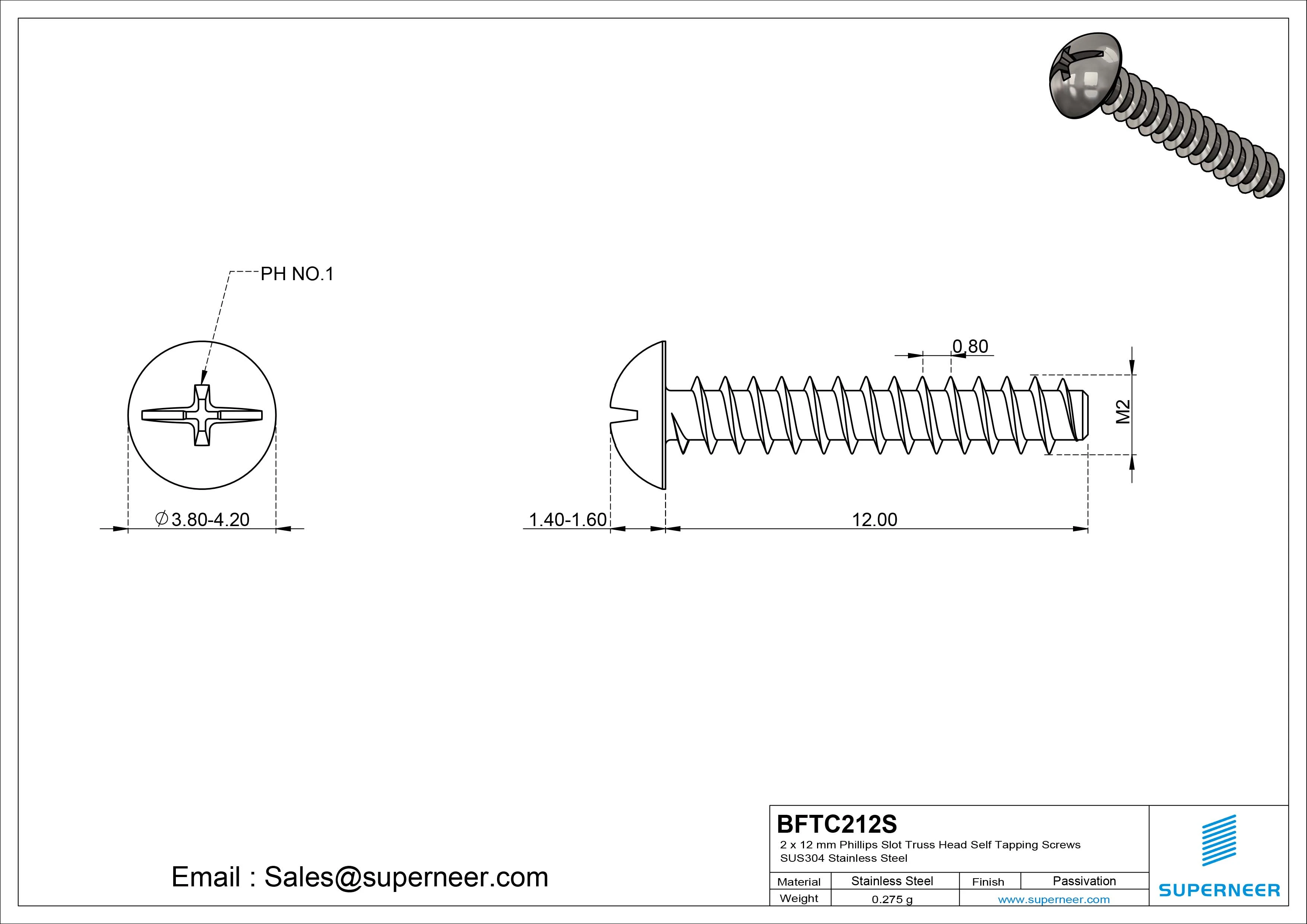 2 x 12mm Phillips Slot Truss Head Self Tapping Screws SUS304 Stainless Steel