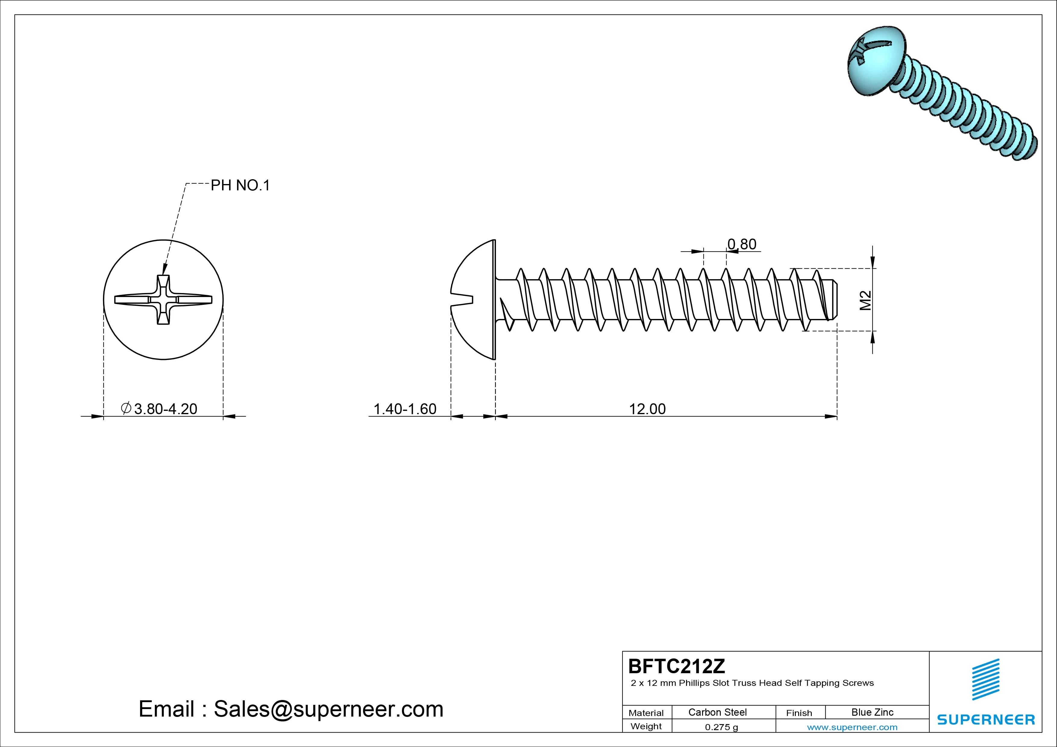 2 x 12mm Phillips Slot Truss Head Self Tapping Screws Steel Blue Zinc Plated
