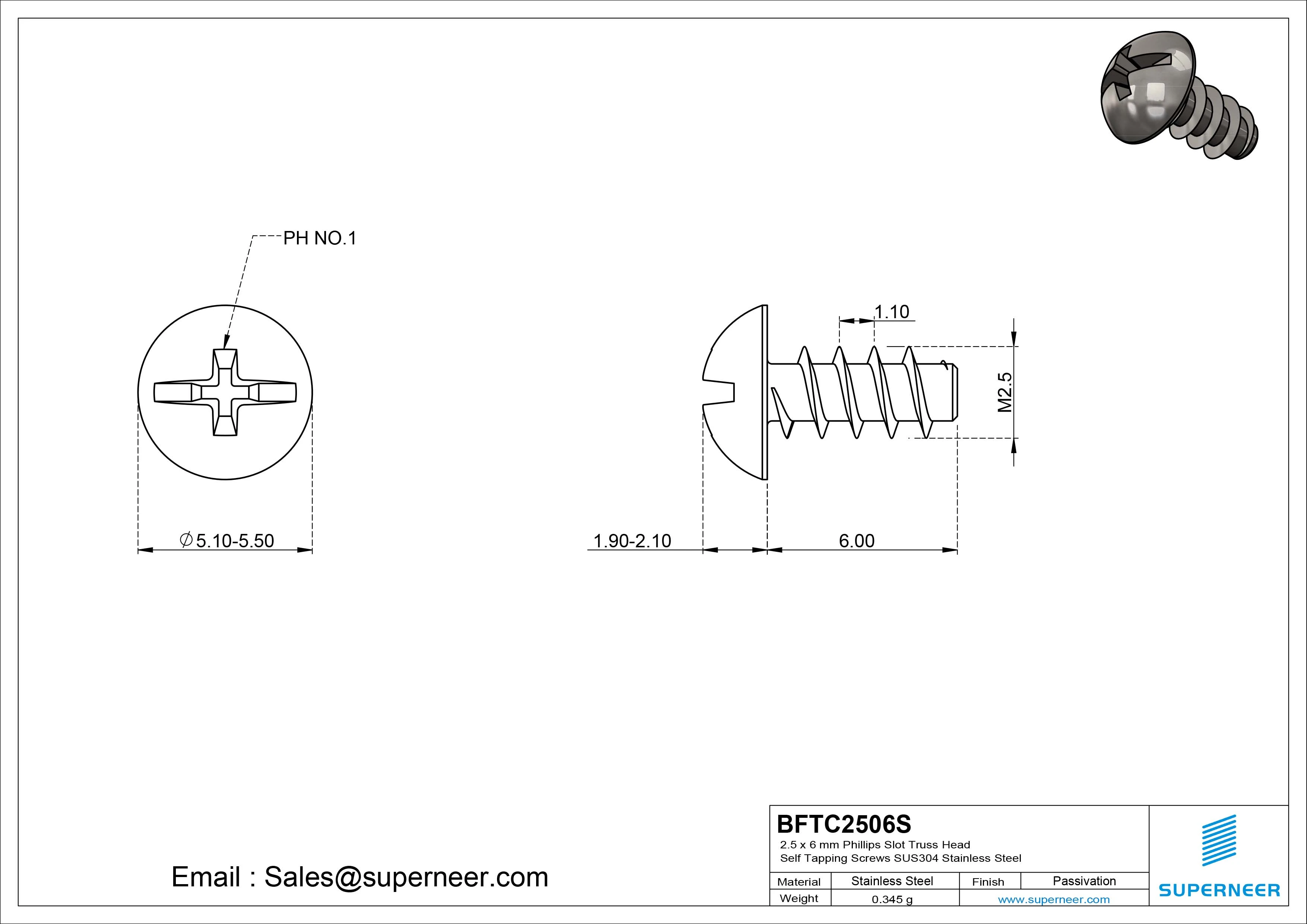 2.5 x 6mm Phillips Slot Truss Head Self Tapping Screws SUS304 Stainless Steel