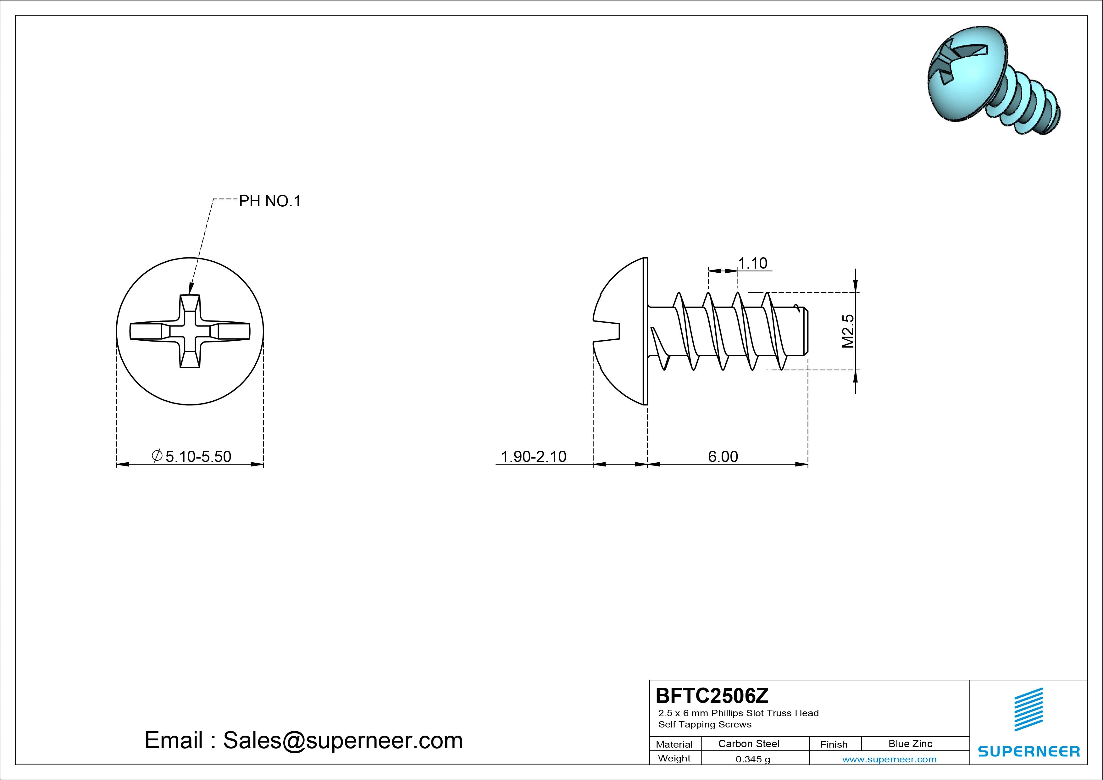 2.5 x 6mm Phillips Slot Truss Head Self Tapping Screws Steel Blue Zinc Plated