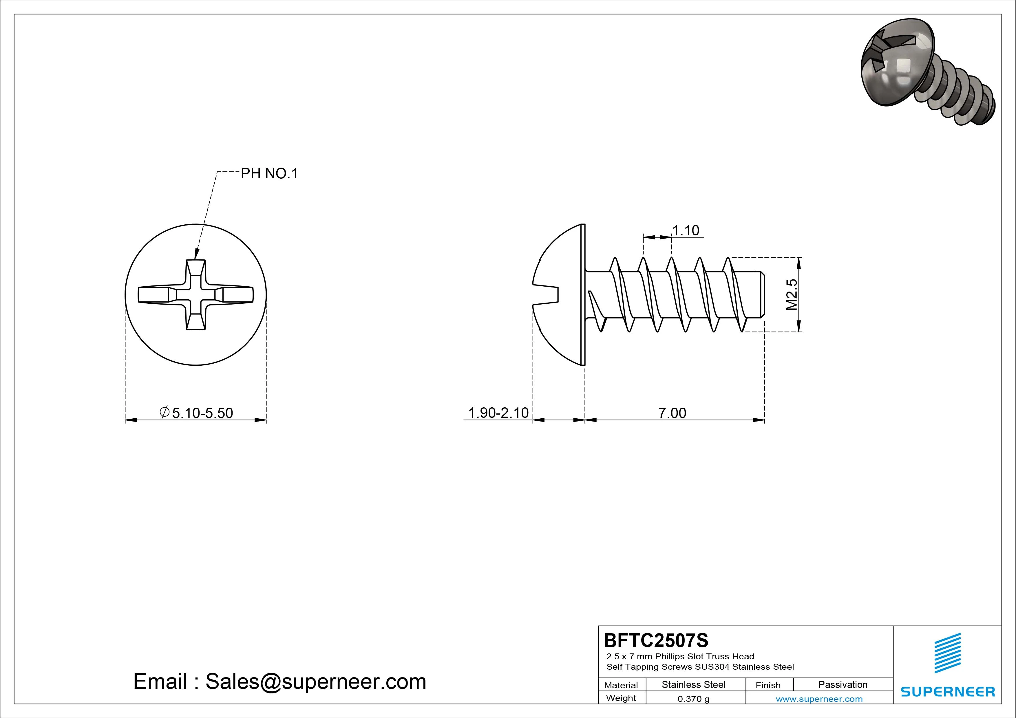 2.5 x 7mm Phillips Slot Truss Head Self Tapping Screws SUS304 Stainless Steel