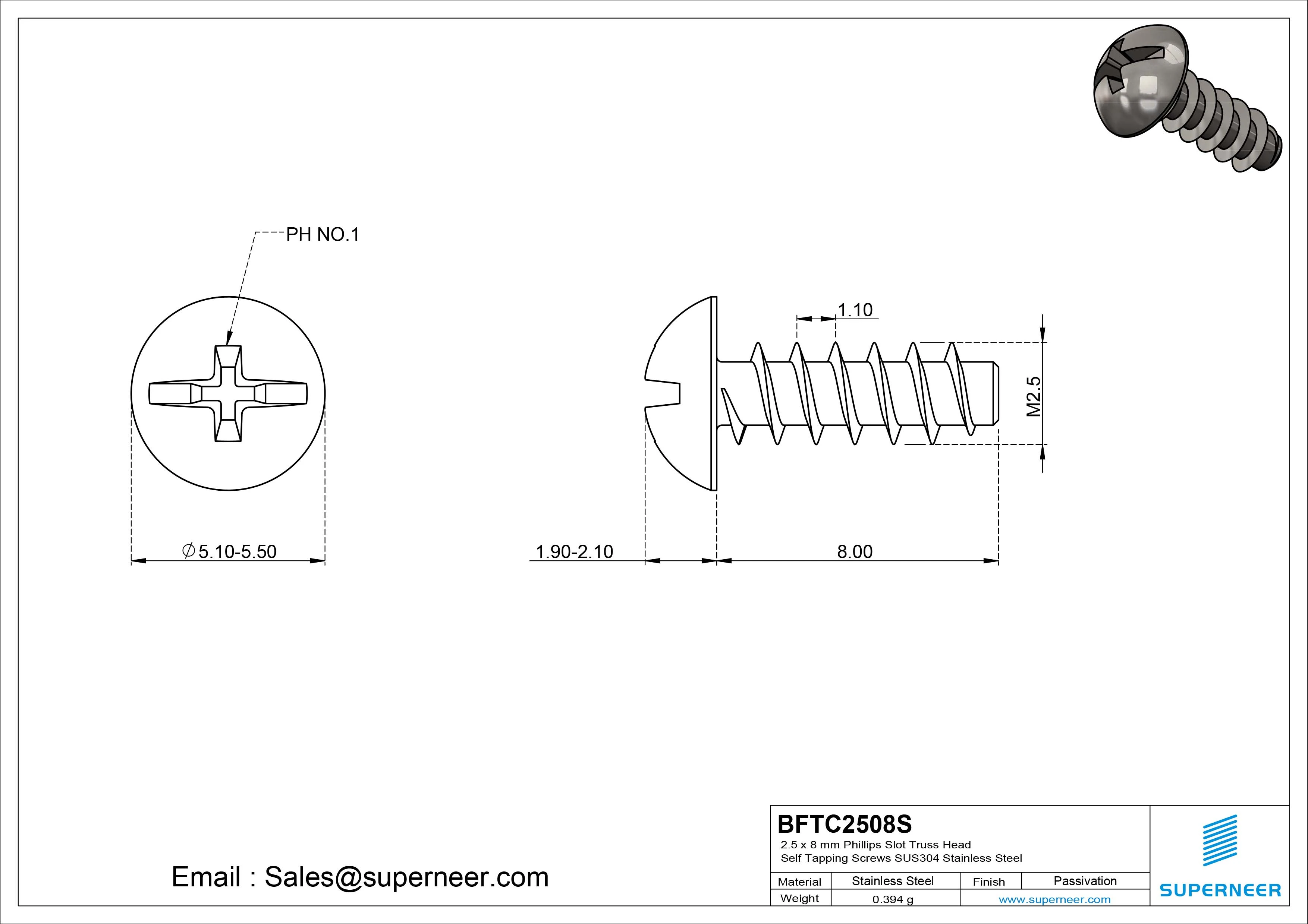 2.5 x 8mm Phillips Slot Truss Head Self Tapping Screws SUS304 Stainless Steel