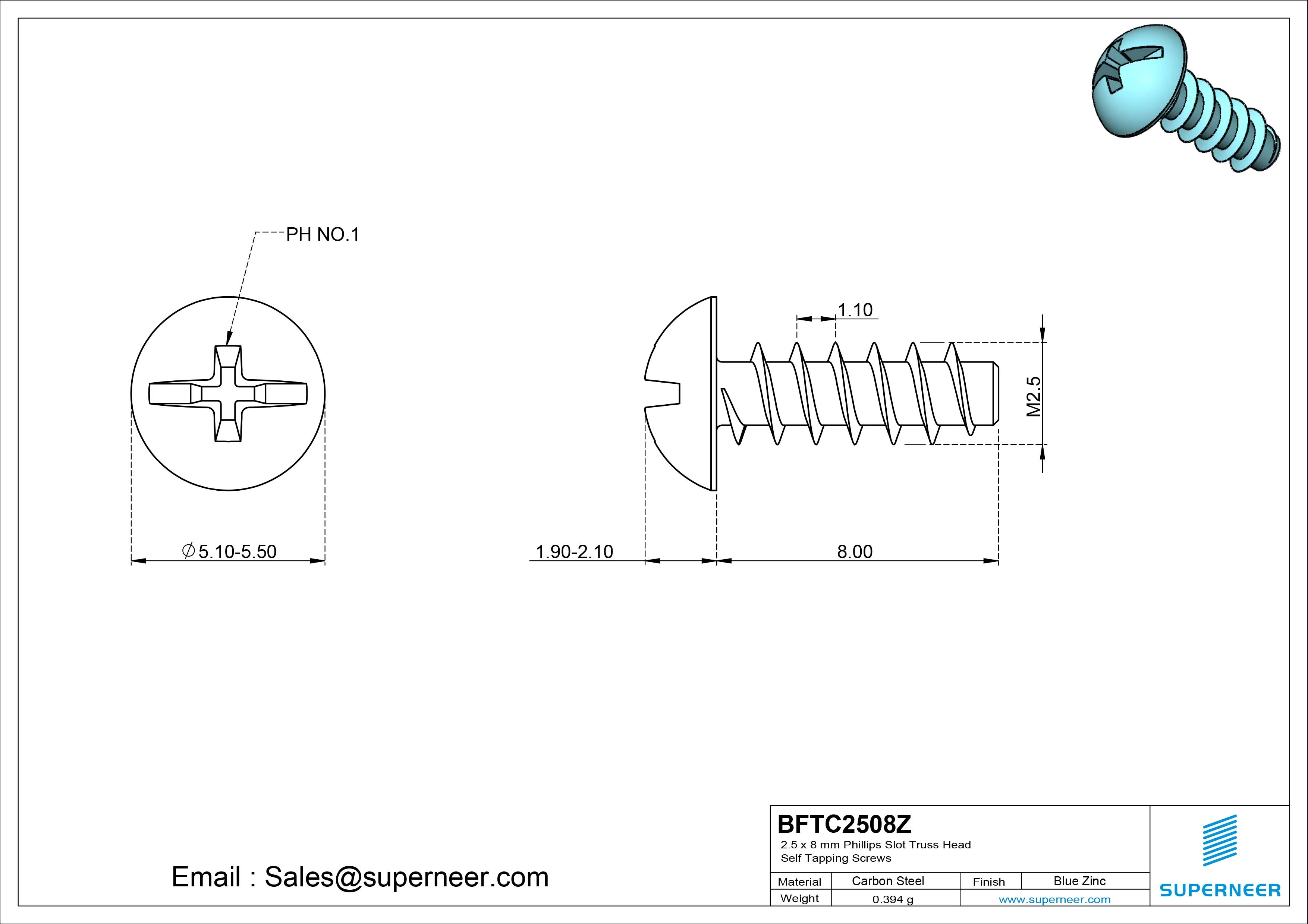 2.5 x 8mm Phillips Slot Truss Head Self Tapping Screws Steel Blue Zinc Plated