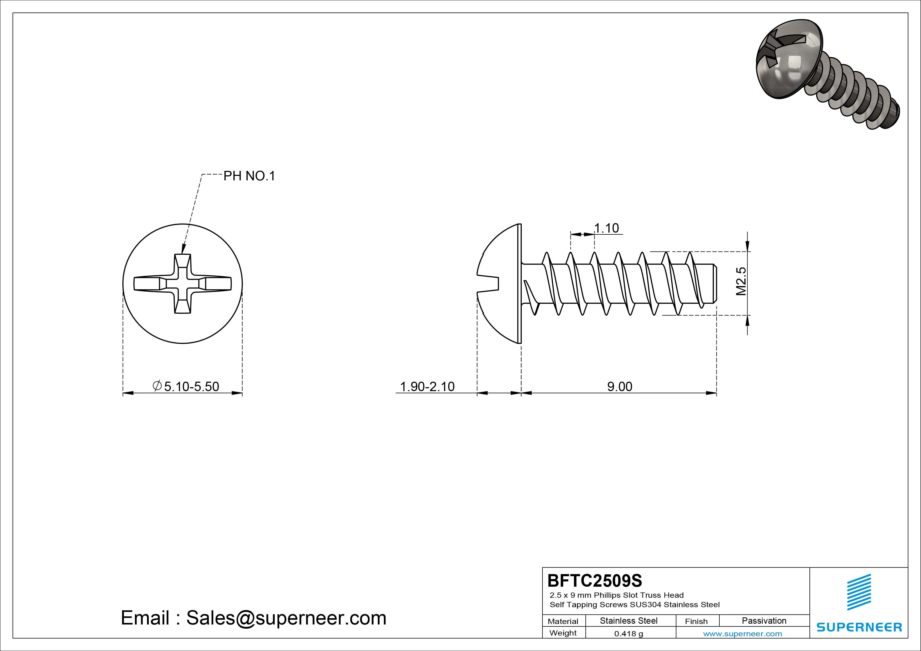 2.5 x 9mm Phillips Slot Truss Head Self Tapping Screws SUS304 Stainless Steel