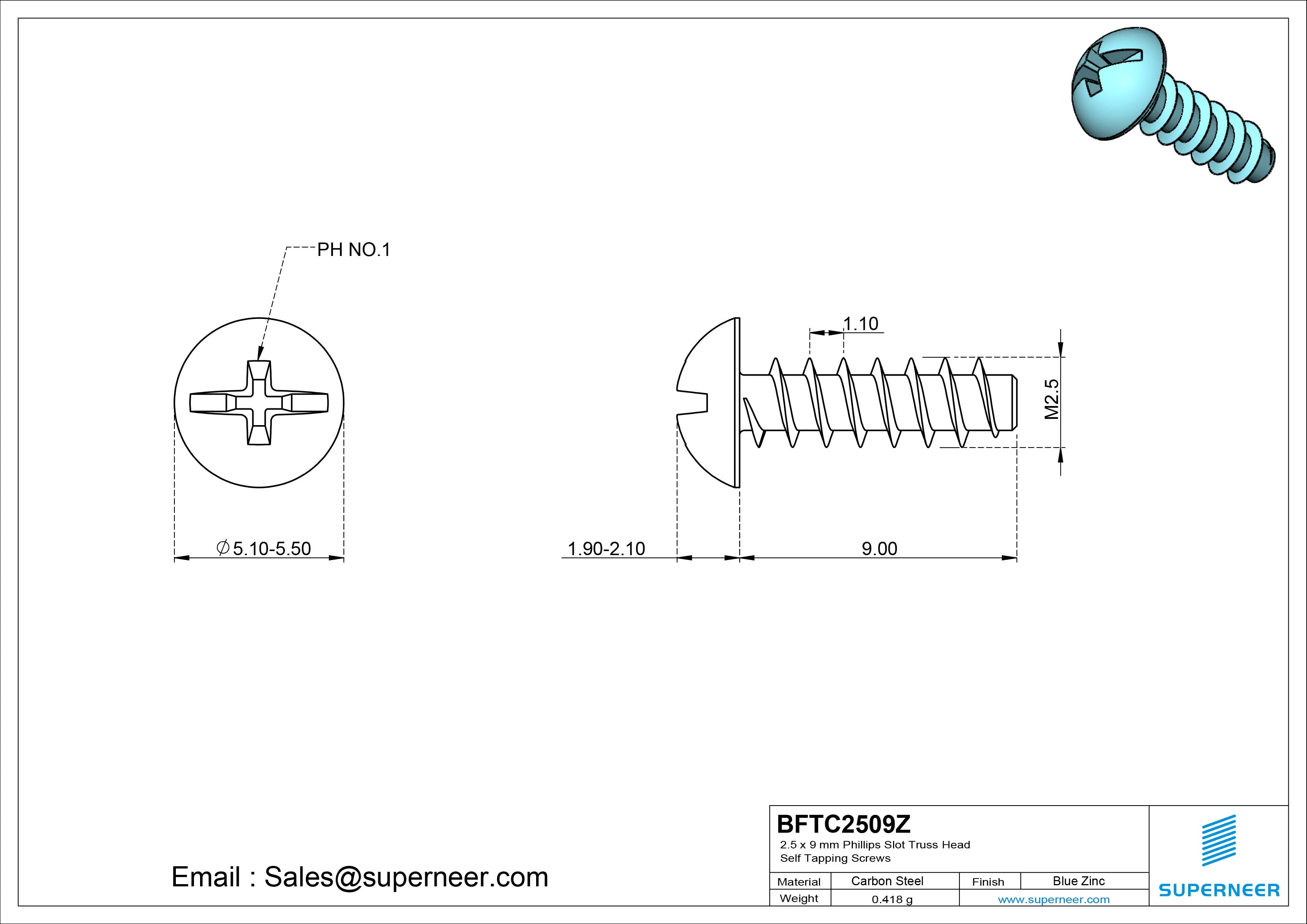 2.5 x 9mm Phillips Slot Truss Head Self Tapping Screws Steel Blue Zinc Plated