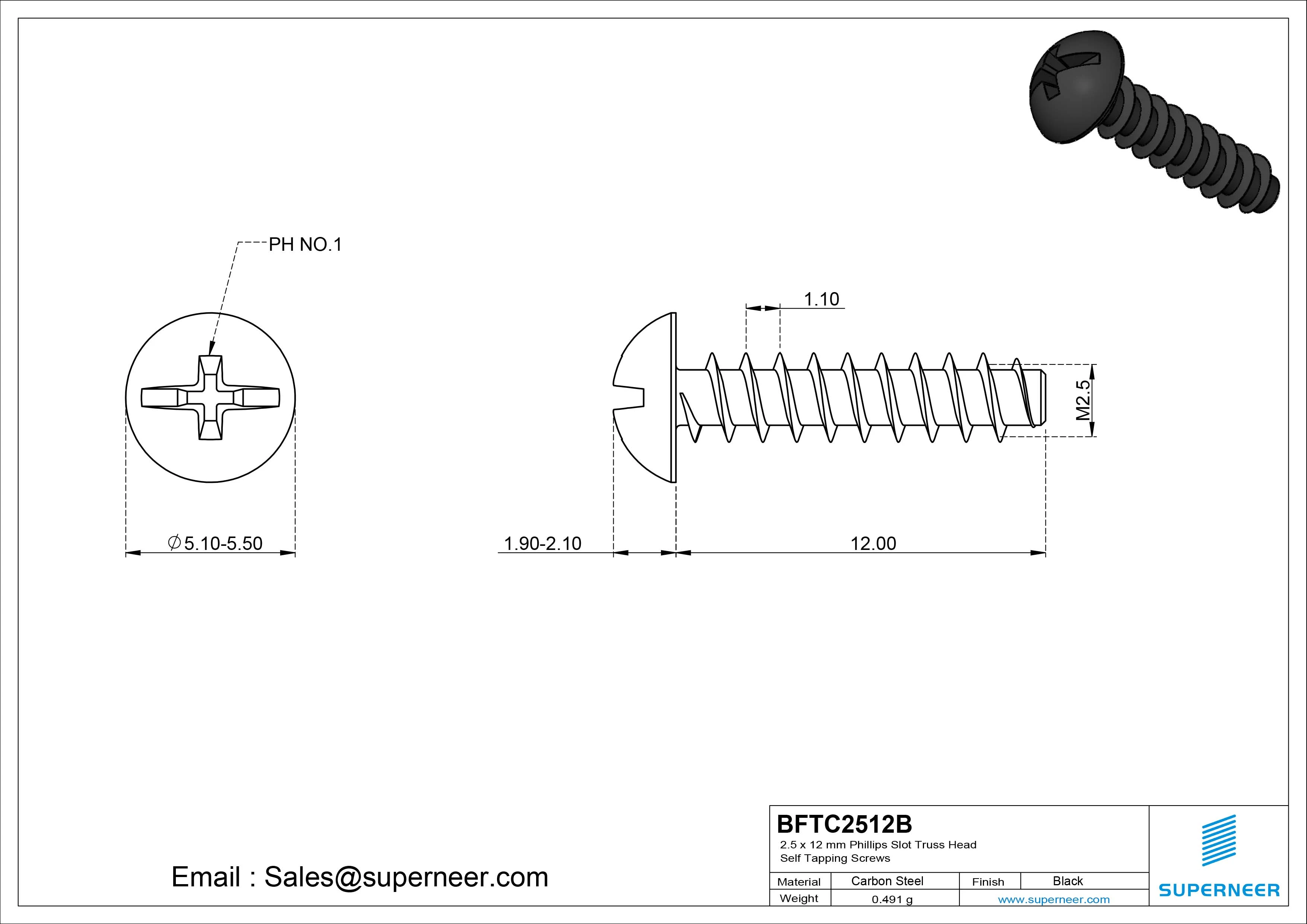 2.5 x 12mm Phillips Slot Truss Head Self Tapping Screws Steel Black Zinc Plated