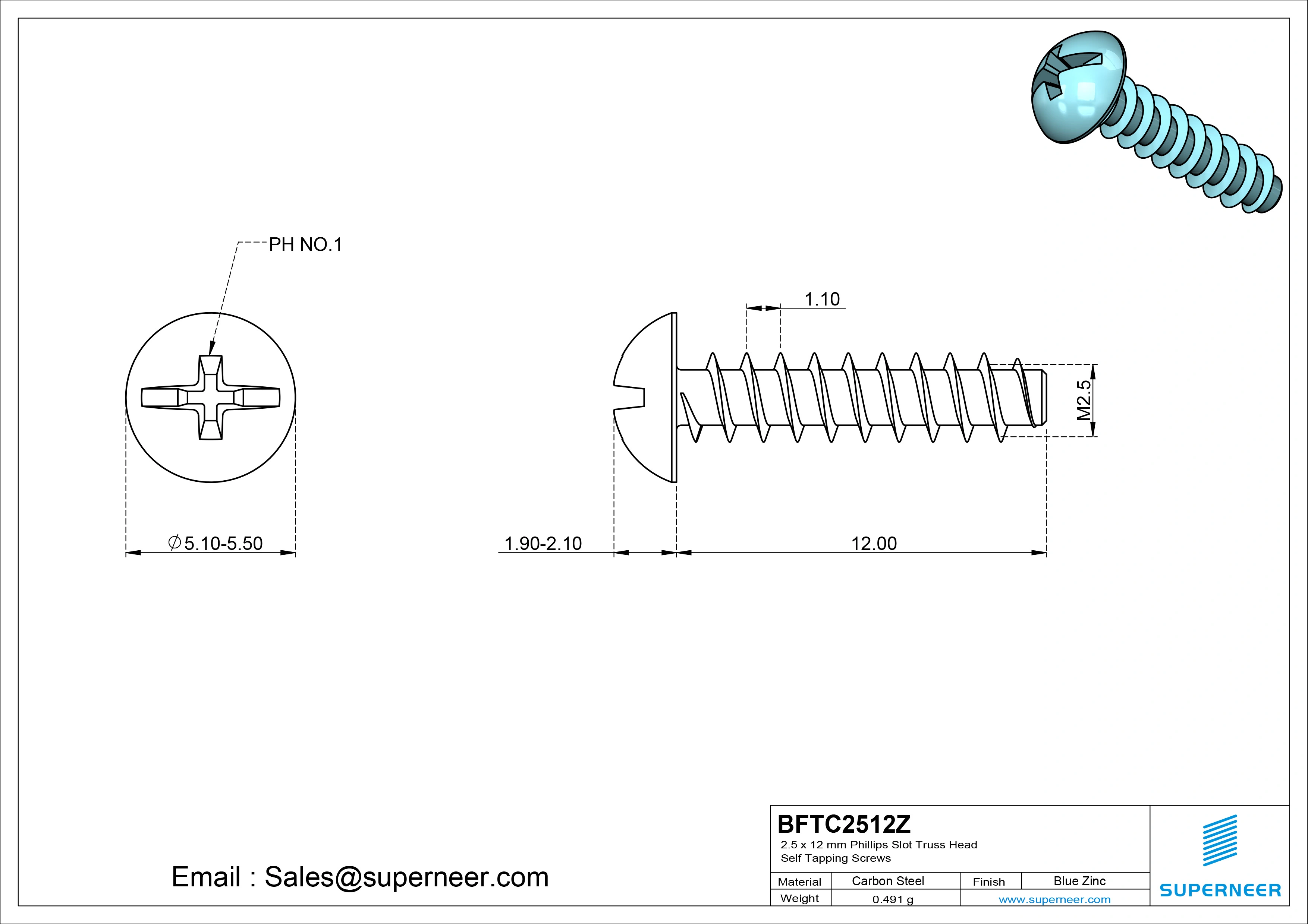 2.5 x 12mm Phillips Slot Truss Head Self Tapping Screws Steel Blue Zinc Plated