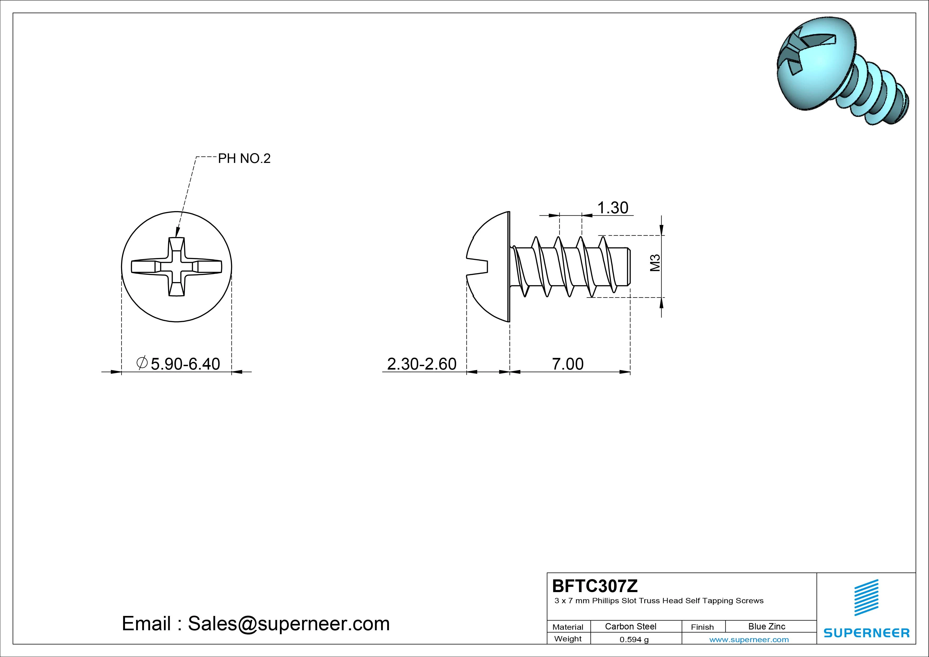 3 x 7mm Phillips Slot Truss Head Self Tapping Screws Steel Blue Zinc Plated