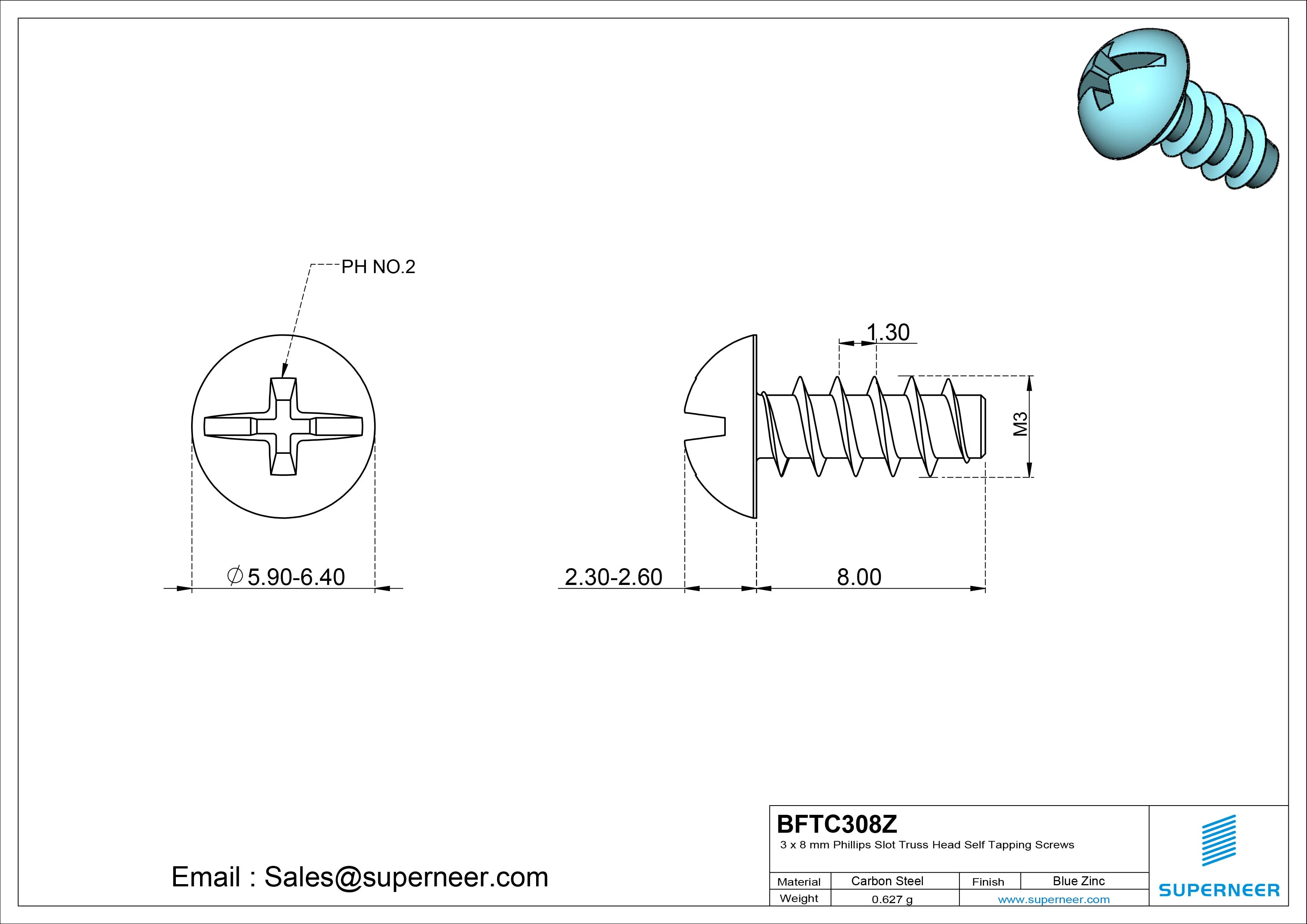 3 x 8mm Phillips Slot Truss Head Self Tapping Screws Steel Blue Zinc Plated