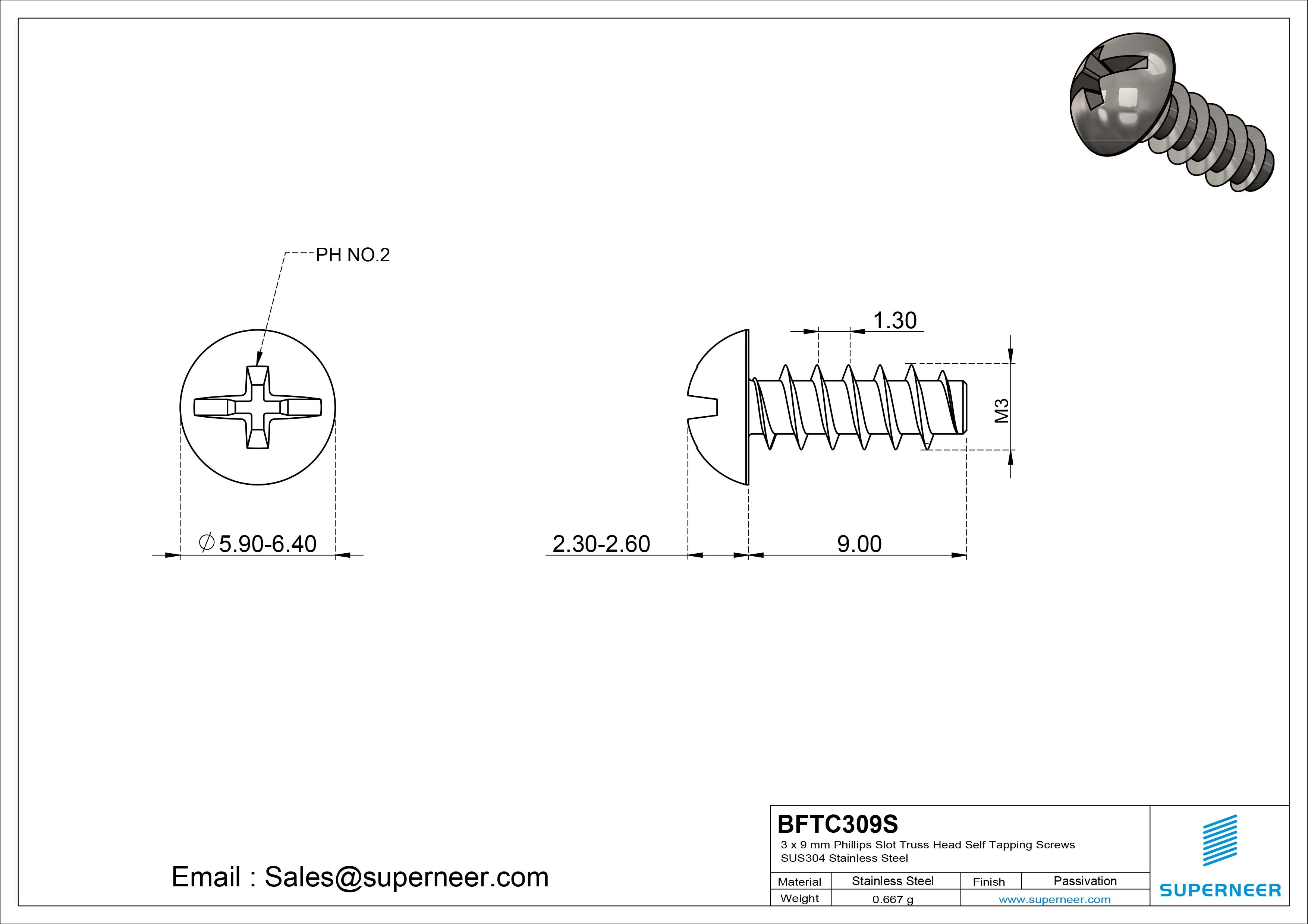 3 x 9mm Phillips Slot Truss Head Self Tapping Screws SUS304 Stainless Steel