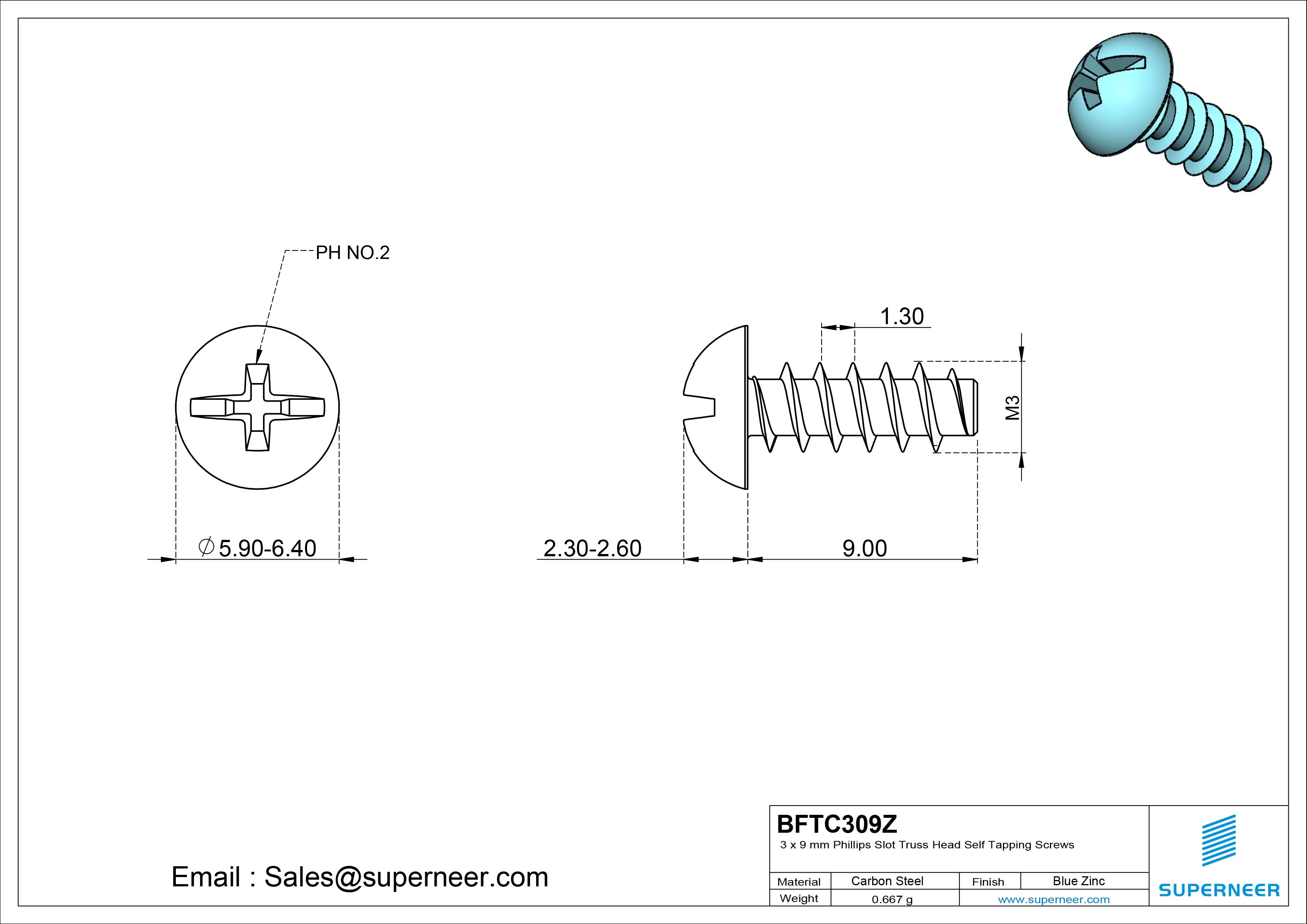 3 x 9mm Phillips Slot Truss Head Self Tapping Screws Steel Blue Zinc Plated