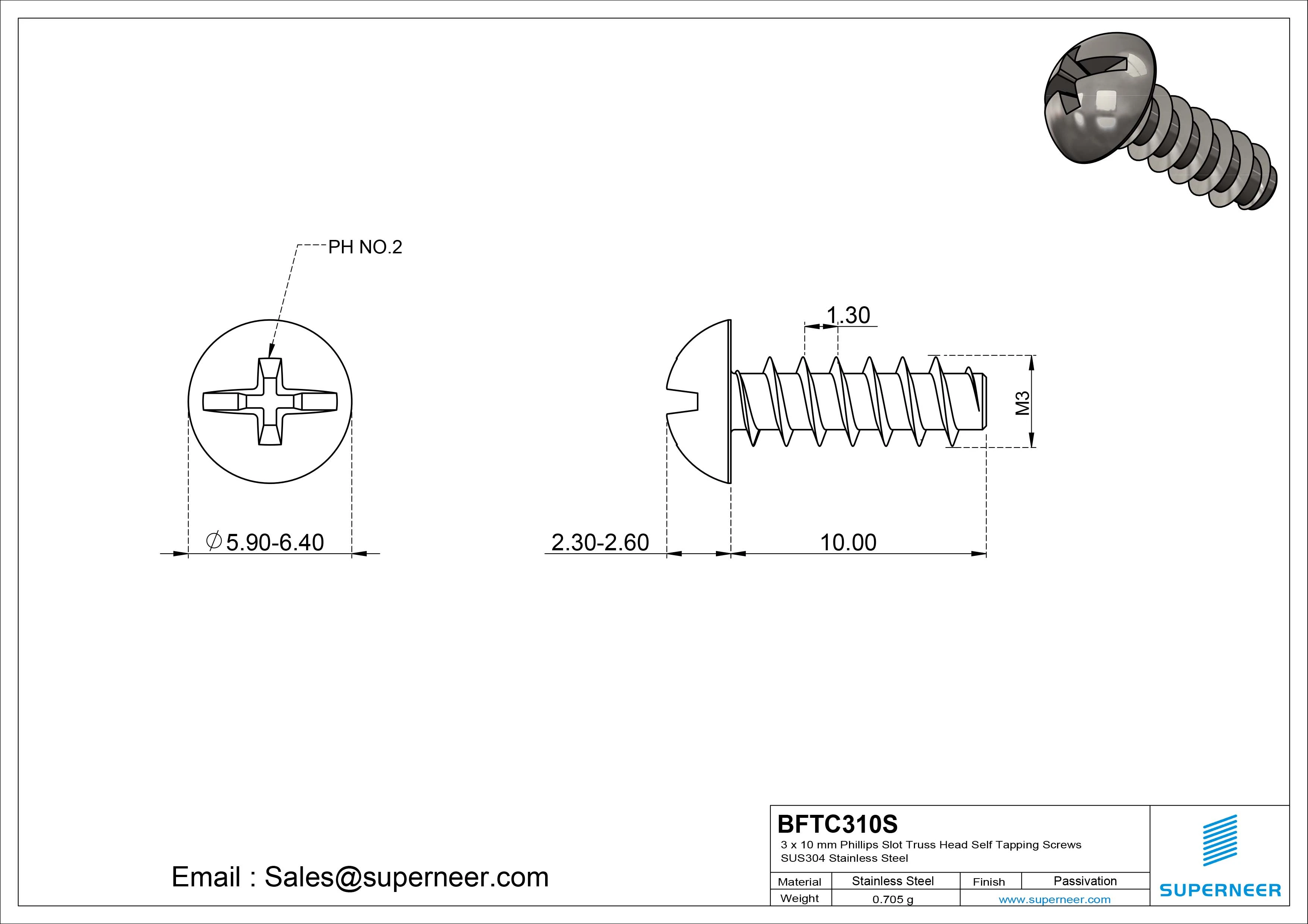 3 x 10mm Phillips Slot Truss Head Self Tapping Screws SUS304 Stainless Steel